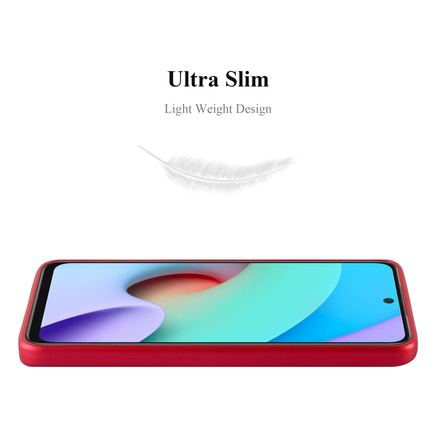 Eine rote Handyhülle wird gezeigt, mit dem Telefon darin. Der Hintergrund ist weiß, und eine Feder wird oben gezeigt.
