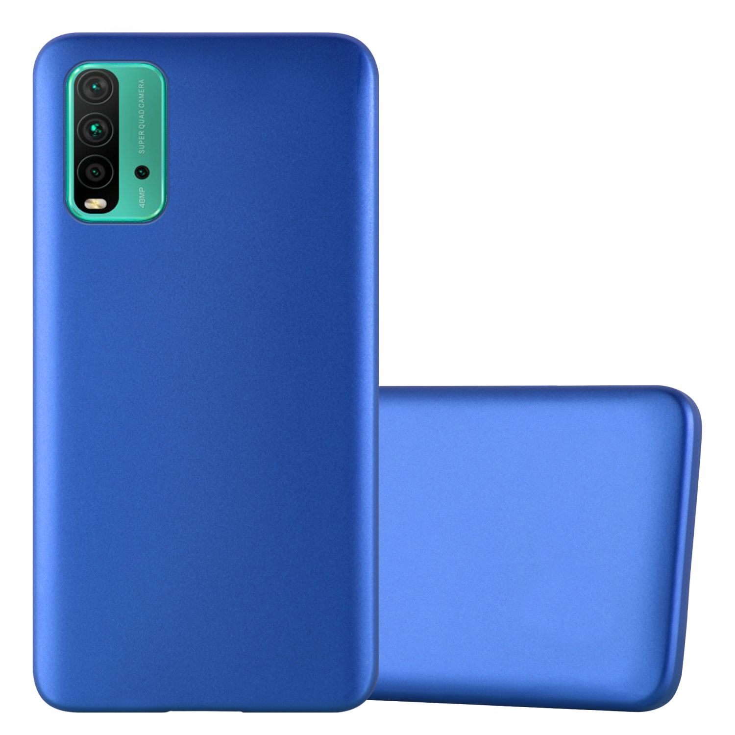 Funda de teléfono azul con un teléfono dentro. Dos fundas, una de pie.