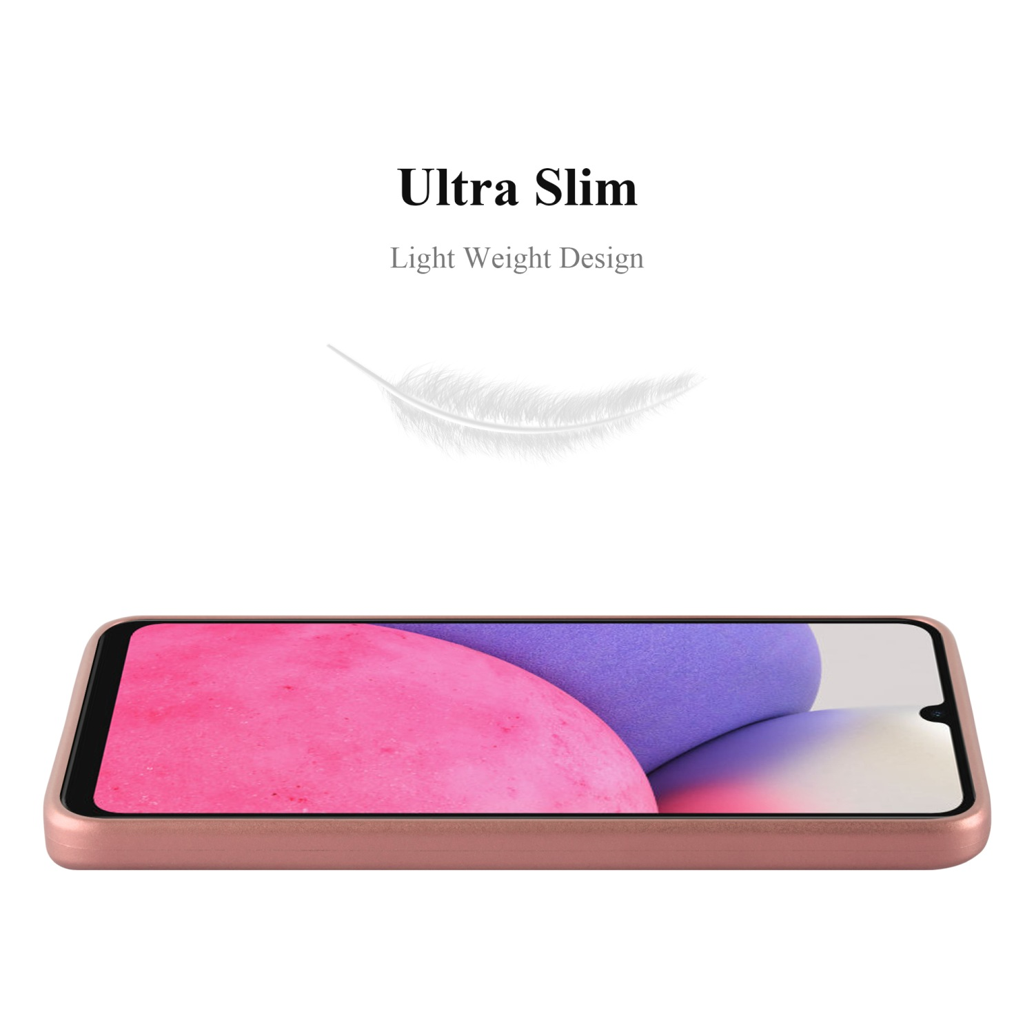 Roségoldenes Handyhülle auf weißem Hintergrund. Text lautet 'Ultra Slim' und 'Light Weight Design', mit Feder.