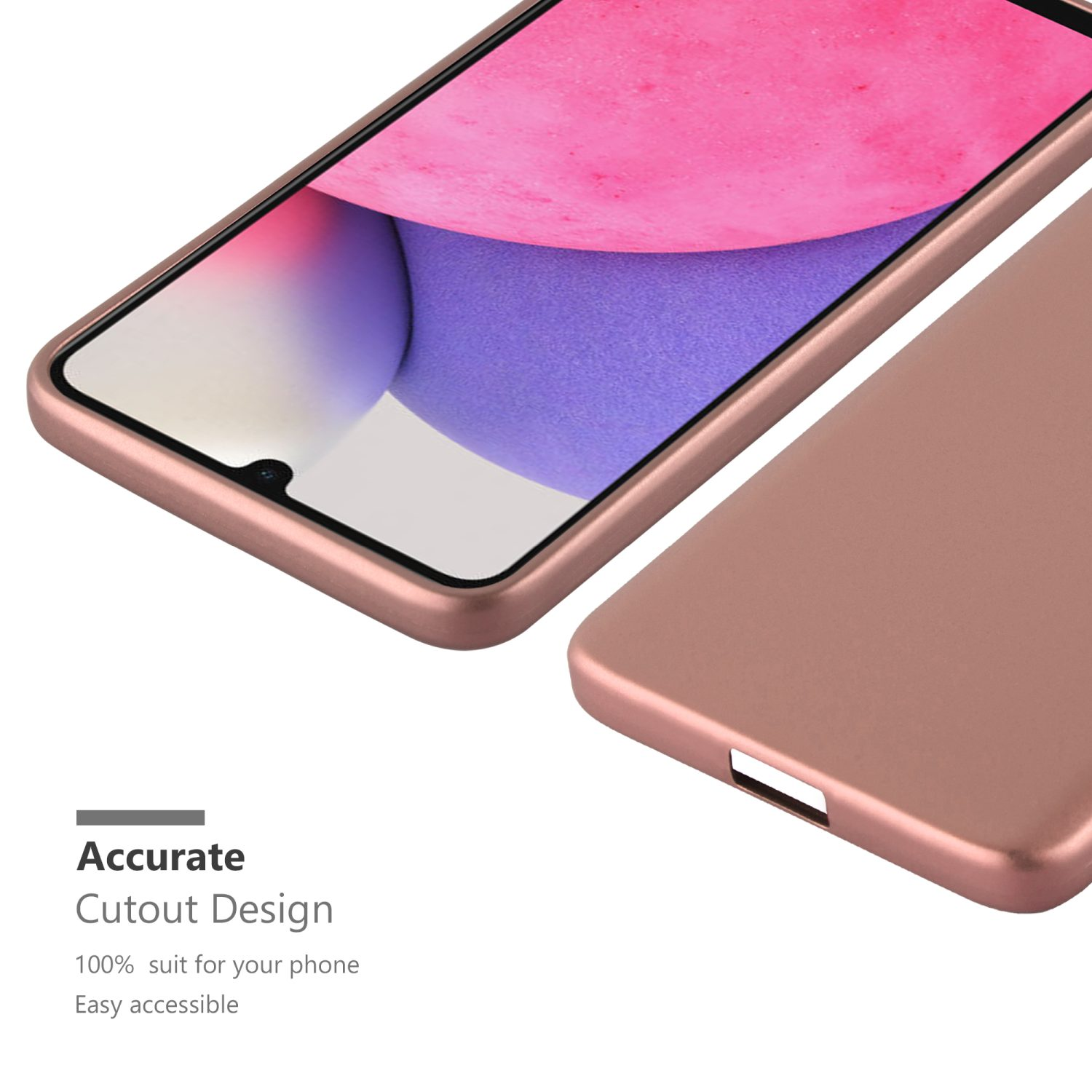 Roségoldenes Handycase mit Telefon darin. Das Case hat ein Aussparungsdesign. Text: Präzises Ausschnitt-Design.