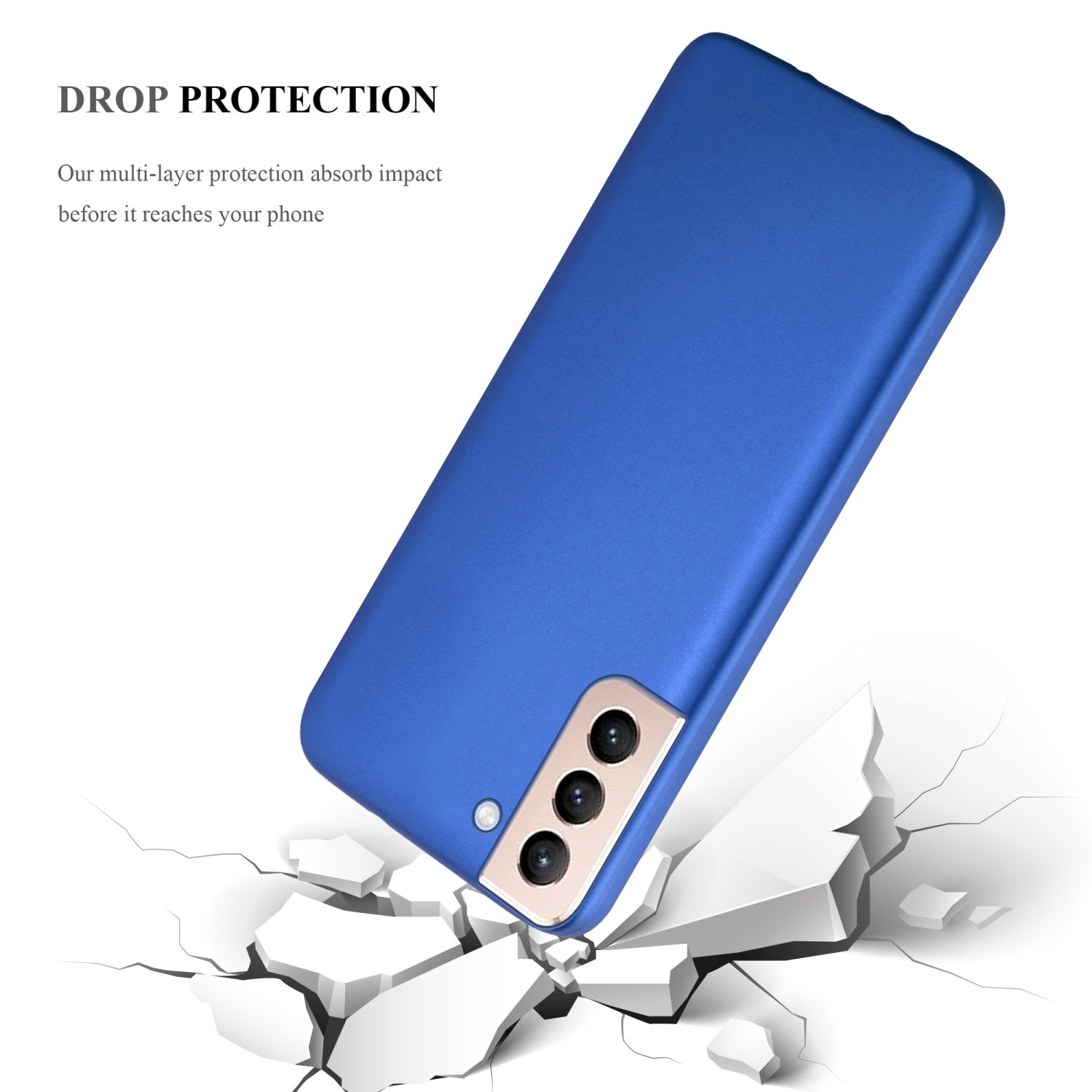 Custodia blu per telefono, con un telefono all'interno. La custodia è su una superficie incrinata.