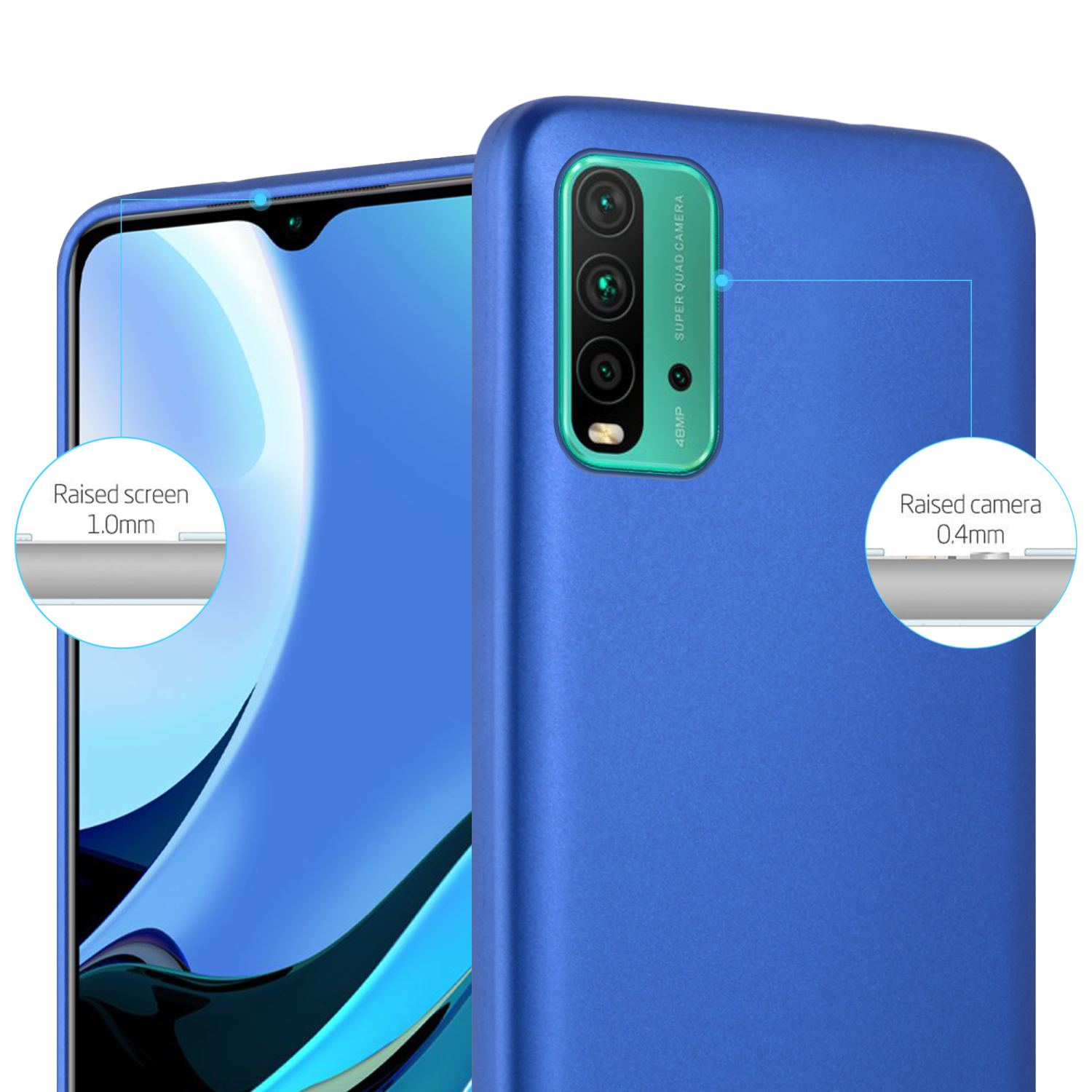 Funda azul para teléfono, mostrando la pantalla y detalles de la cámara. Se resaltan pantalla y cámara elevadas.