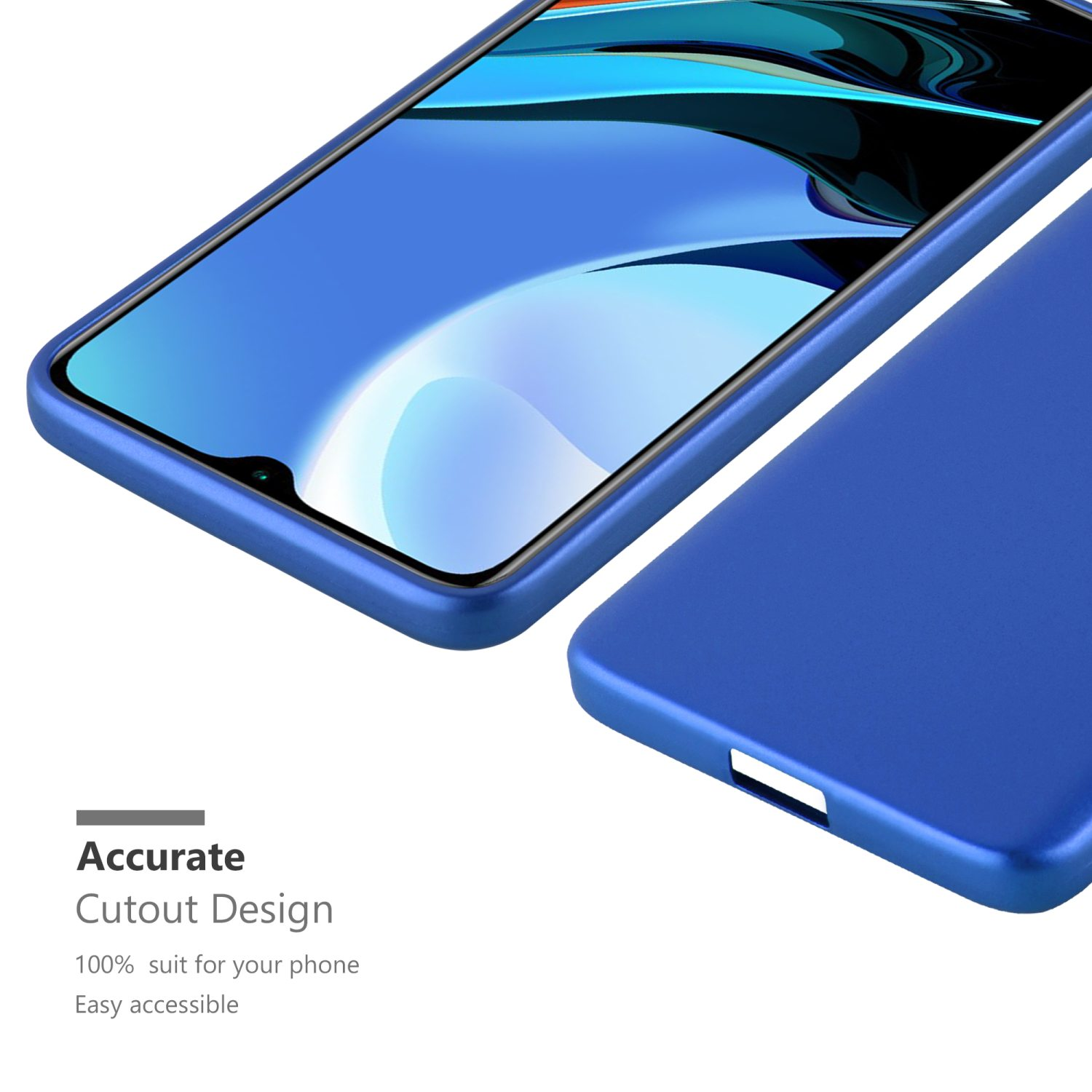 Funda de teléfono azul. Vista superior de cerca. La funda es un ajuste perfecto. El diseño es preciso.