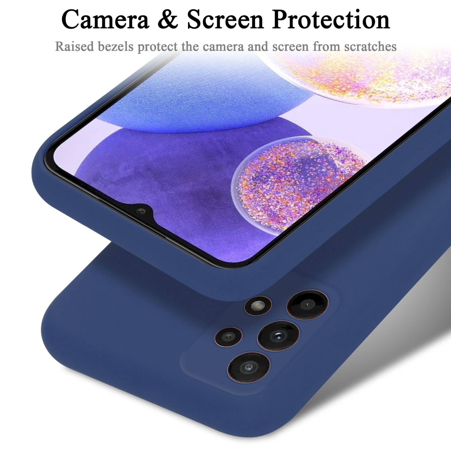 Blaue Handyhülle mit Telefon. Text sagt 'Camera & Screen Protection'.