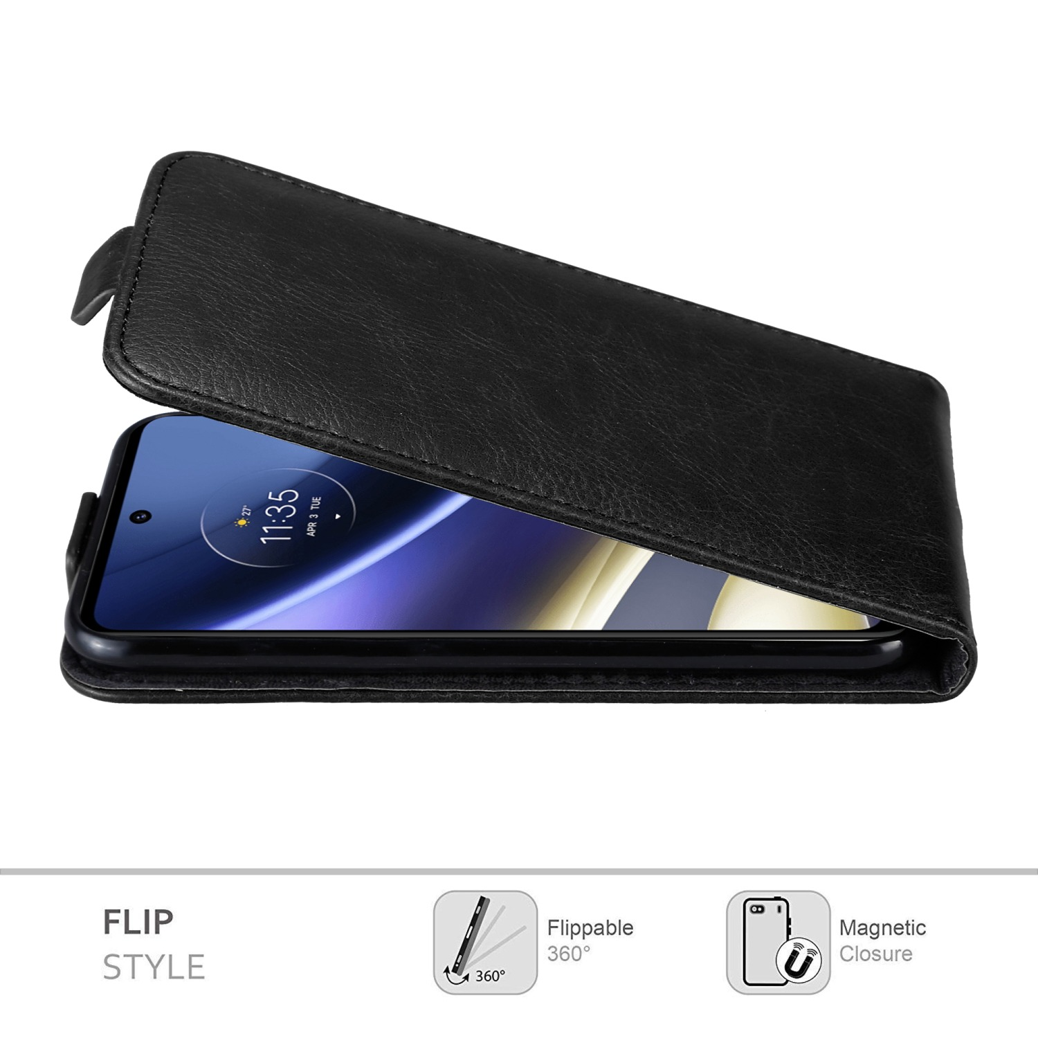 Schwarze Handyhülle offen, zeigt ein Handy. Text: Flip-Stil mit Symbolen für 360 und Magnetverschluss.