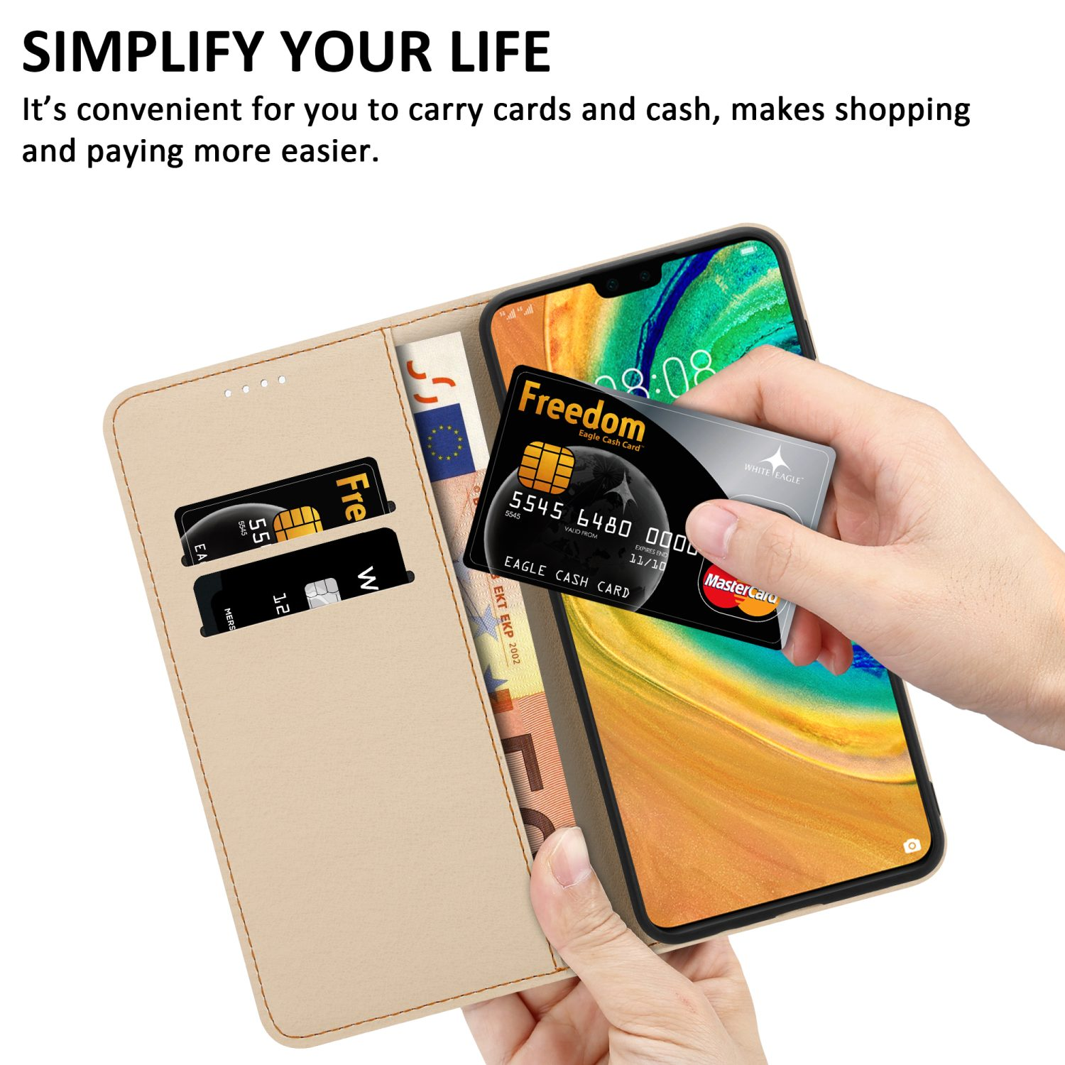 Una custodia per telefono aperta con un telefono all'interno, che contiene carte e contanti. La custodia è color cuoio.