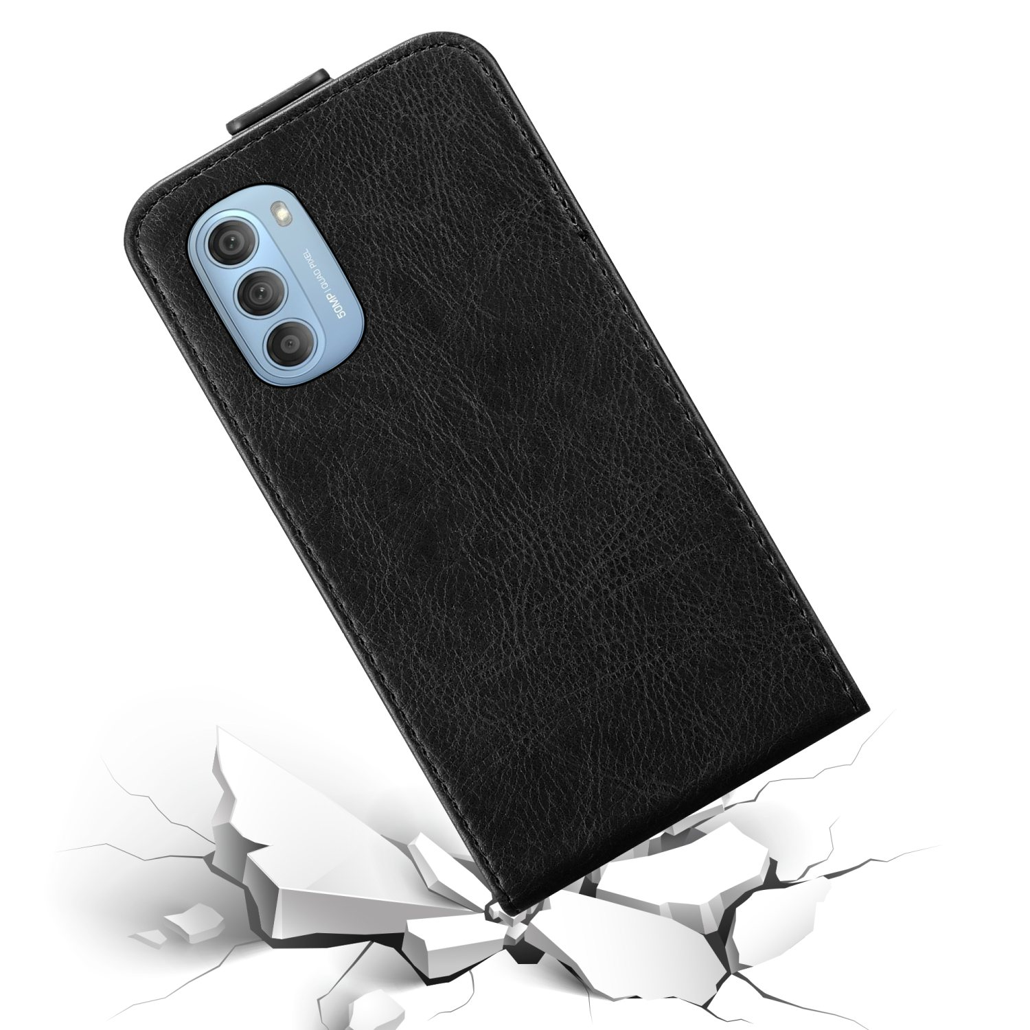 Schwarze Handyhülle auf weißer Oberfläche mit Rissen, Telefon fällt.