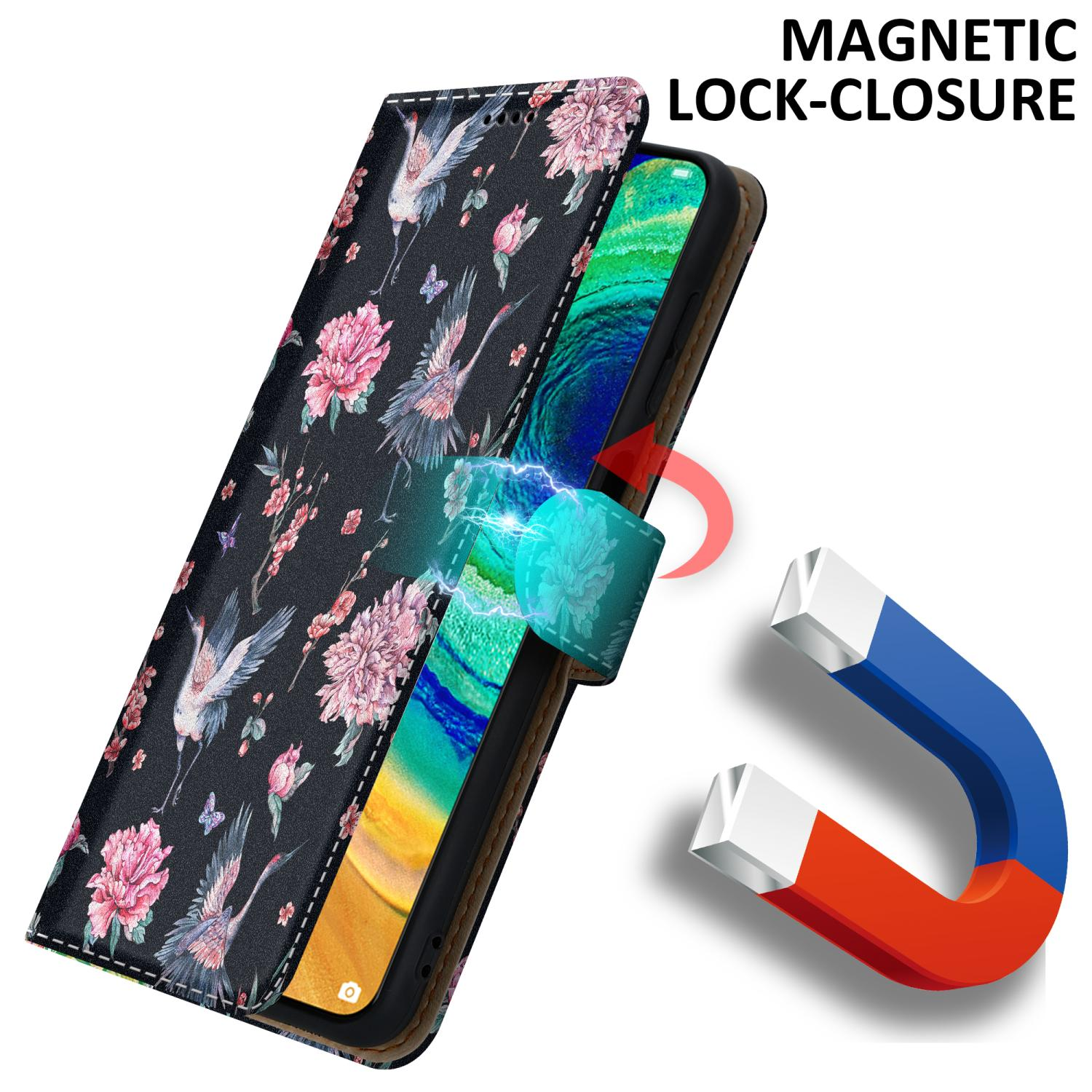 Una custodia per telefono con un design floreale è aperta, mostrando un telefono all'interno. Il testo dice CHIUSURA MAGNETICA.