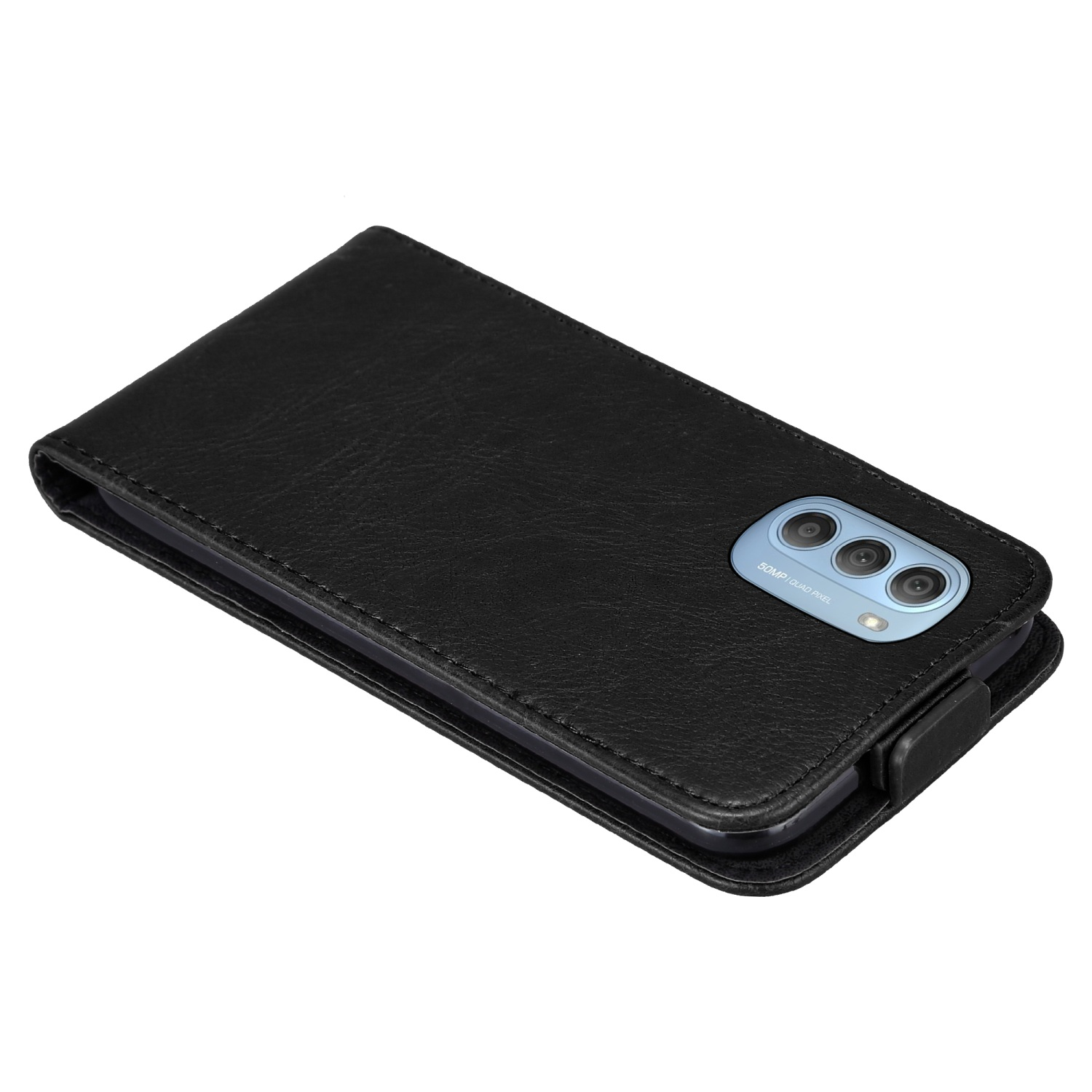 Schwarze Handyhülle, geschlossen. Die Hülle ist im Klappstil gehalten. Das Telefon ist in der Hülle.