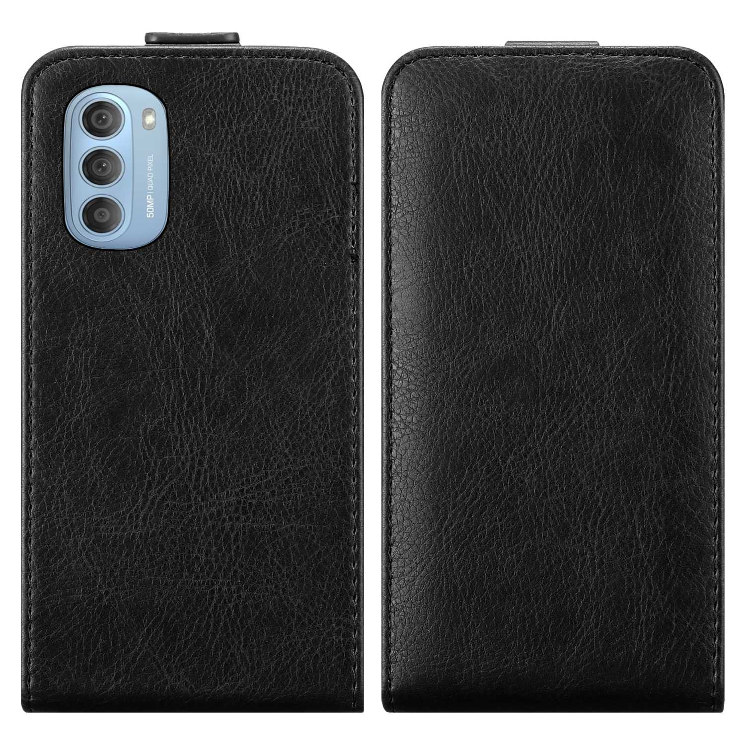 Eine schwarze Handyhülle mit lederartiger Textur wird gezeigt, die aufgeklappt wird, um ein Telefon freizugeben.
