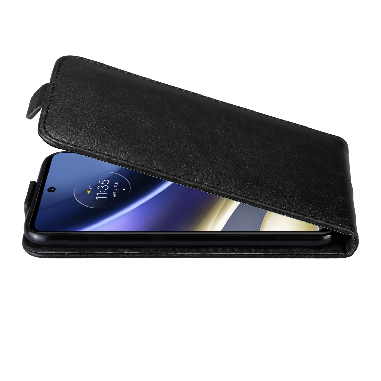 Schwarze Handyhülle mit einem Telefon darin. Das Telefon ist geöffnet.
