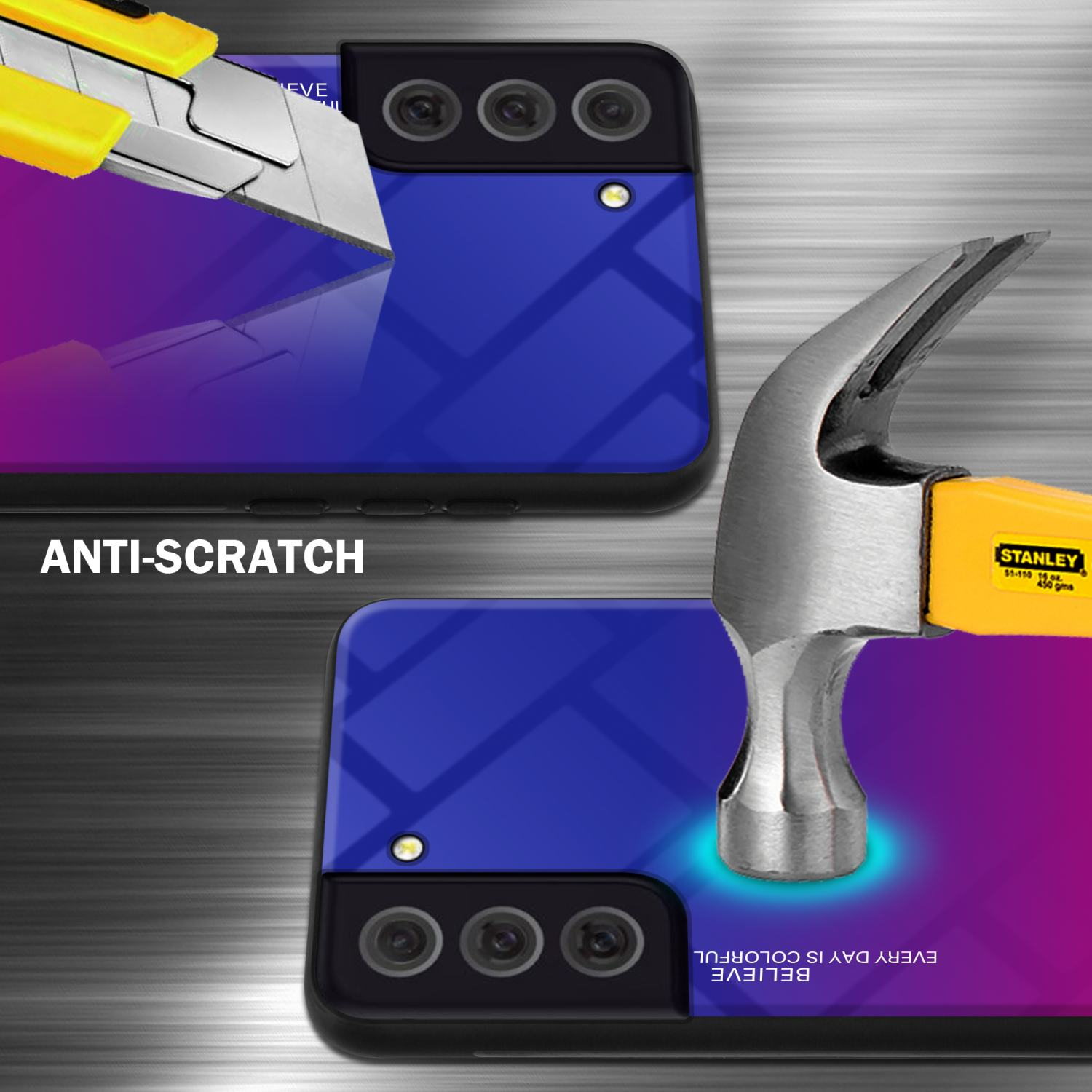 Kratztest an einem Telefon. Ein Messer und ein Hammer schlagen auf das Telefon. Der Bildschirm ist blau und lila.
