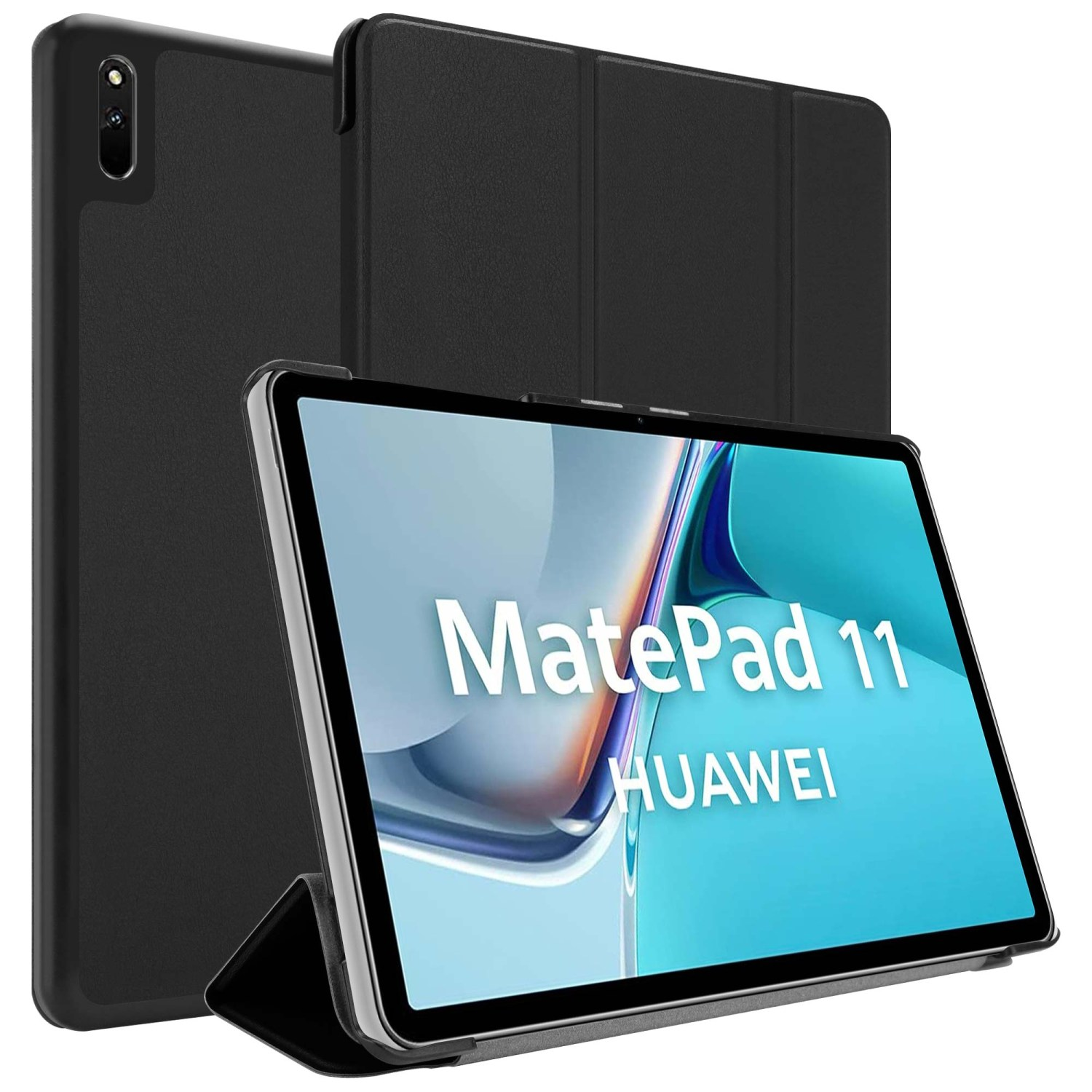 Una custodia nera per tablet con un tablet all'interno. Il tablet è in piedi. Lo sfondo è bianco.