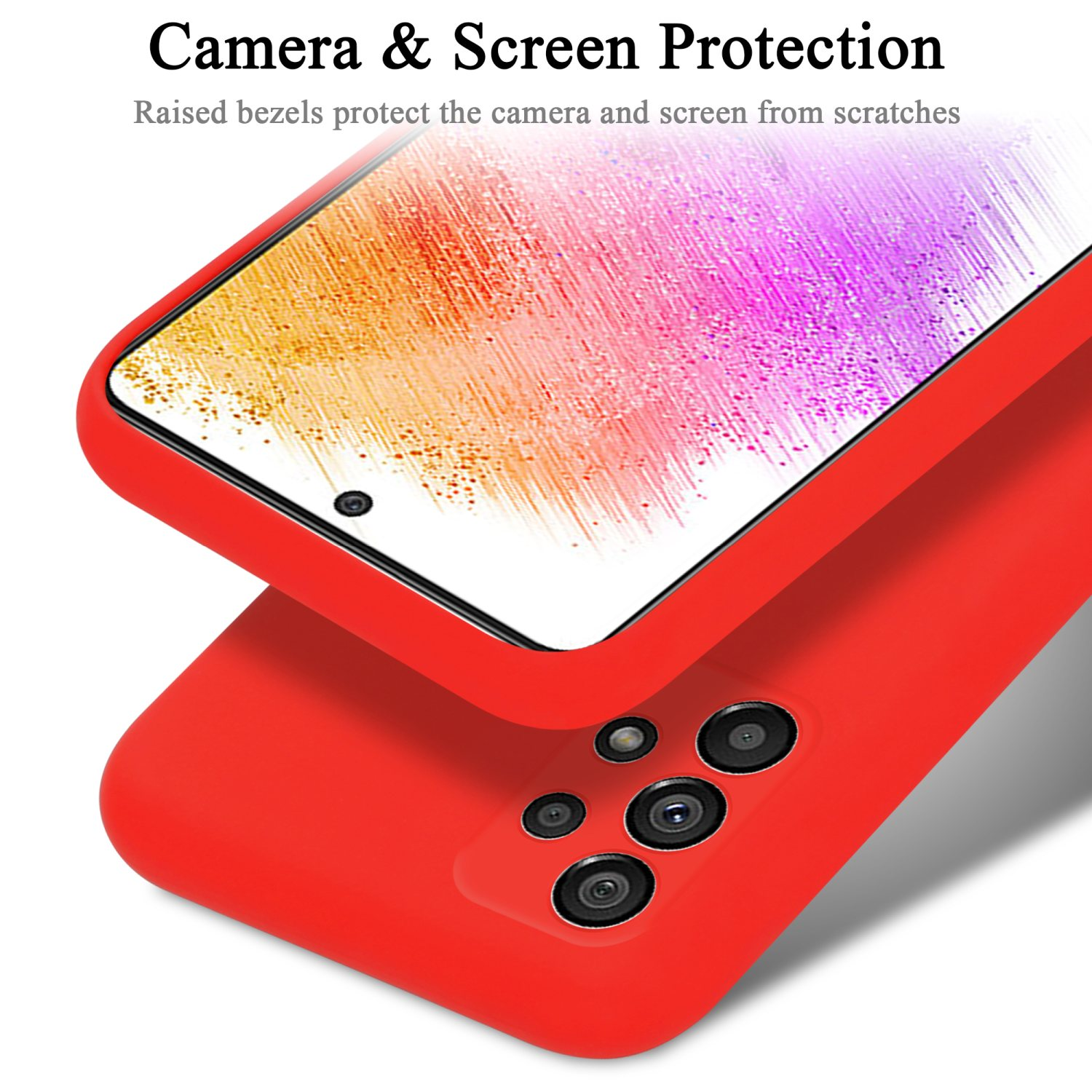 Rote Handyhülle mit Telefon. Text: Kamera- und Bildschirmschutz. Weißer Hintergrund.