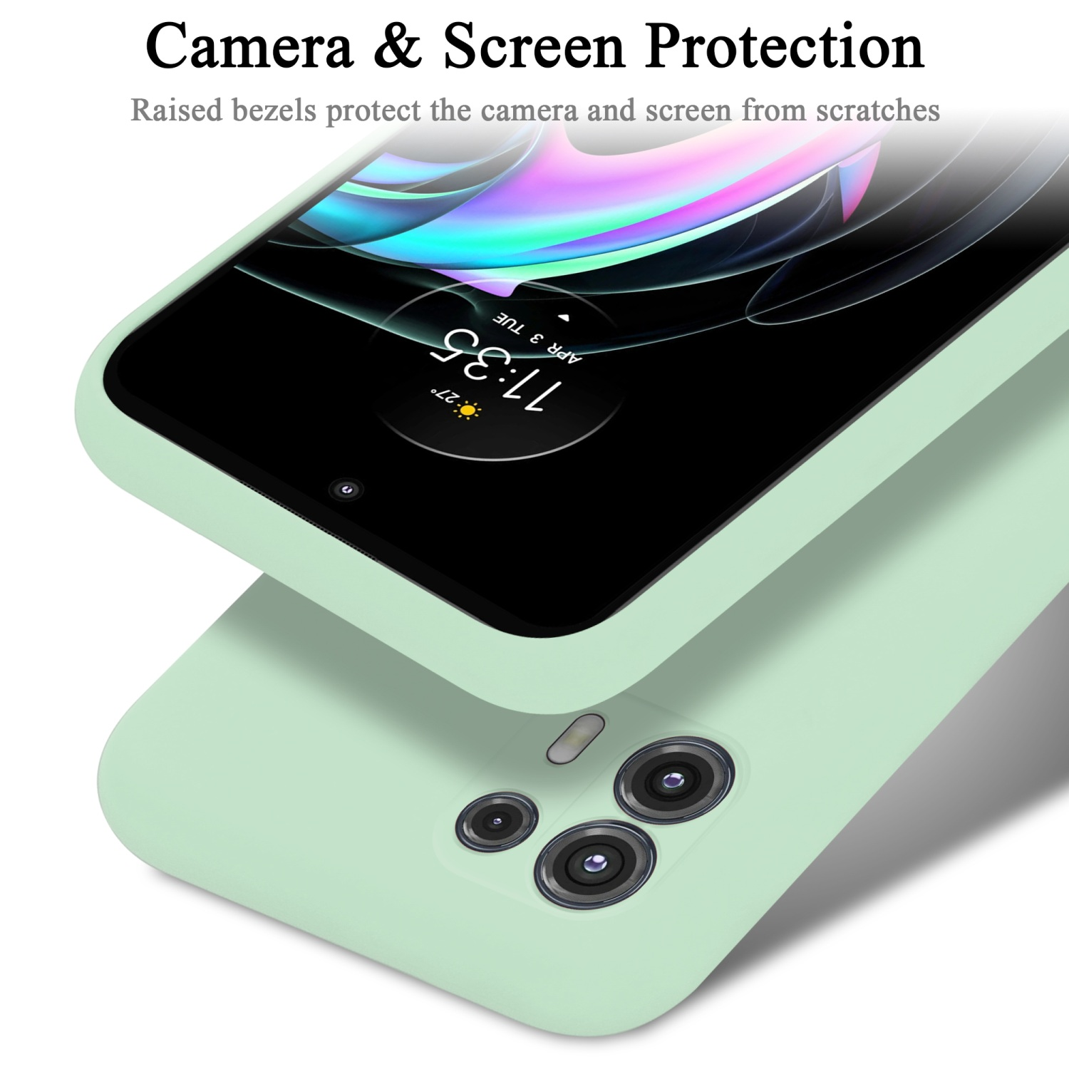 Grüne Handyhülle mit Telefon im Inneren, das den Bildschirm zeigt. Der Text lautet 'Camera & Screen Protection'.