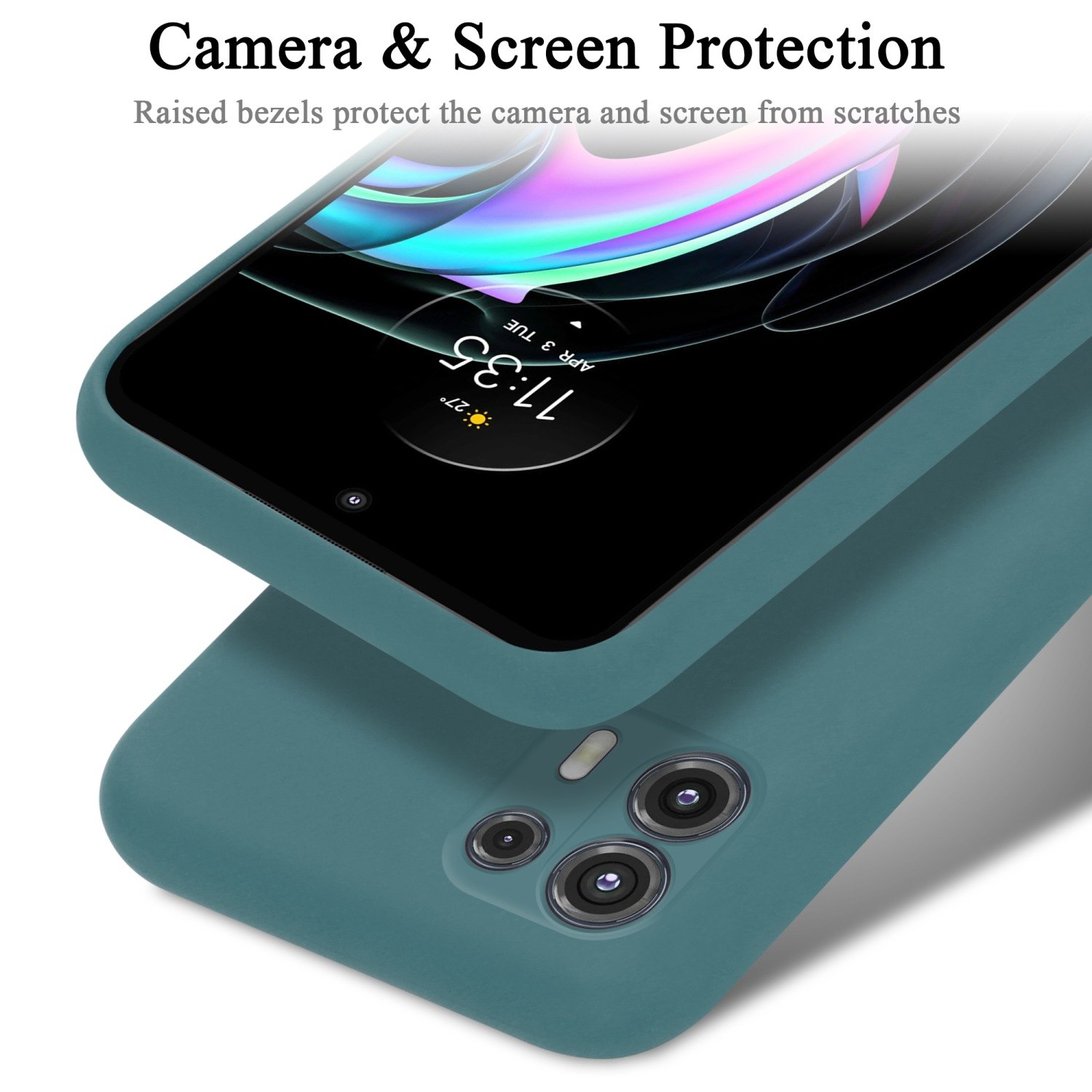 Eine türkisfarbene Handyhülle mit einem Telefon obenauf, erhöhte Blenden schützen Kamera und Bildschirm vor Kratzern.
