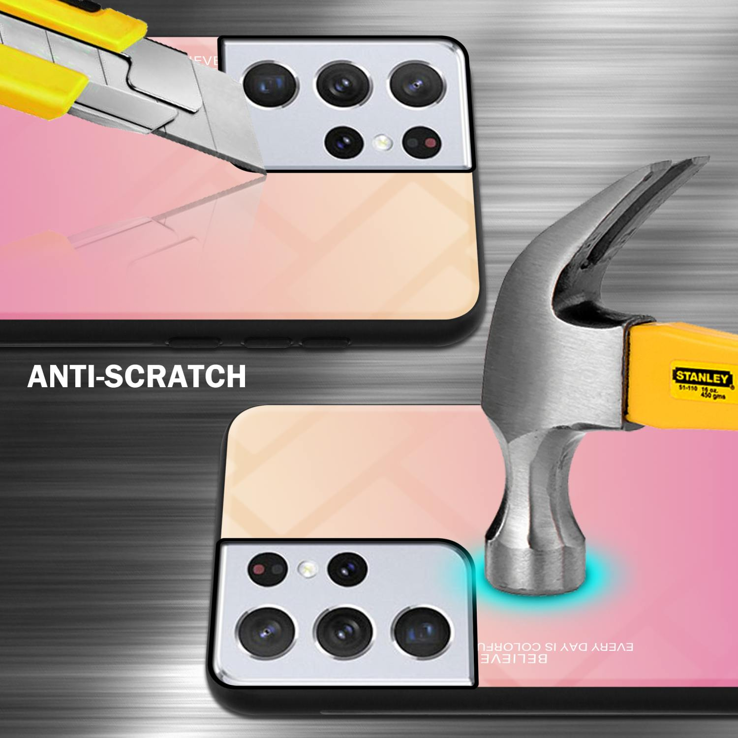 Telefon mit Hülle bedeckt. Hammer und Cutter schlagen auf die Hülle ein.