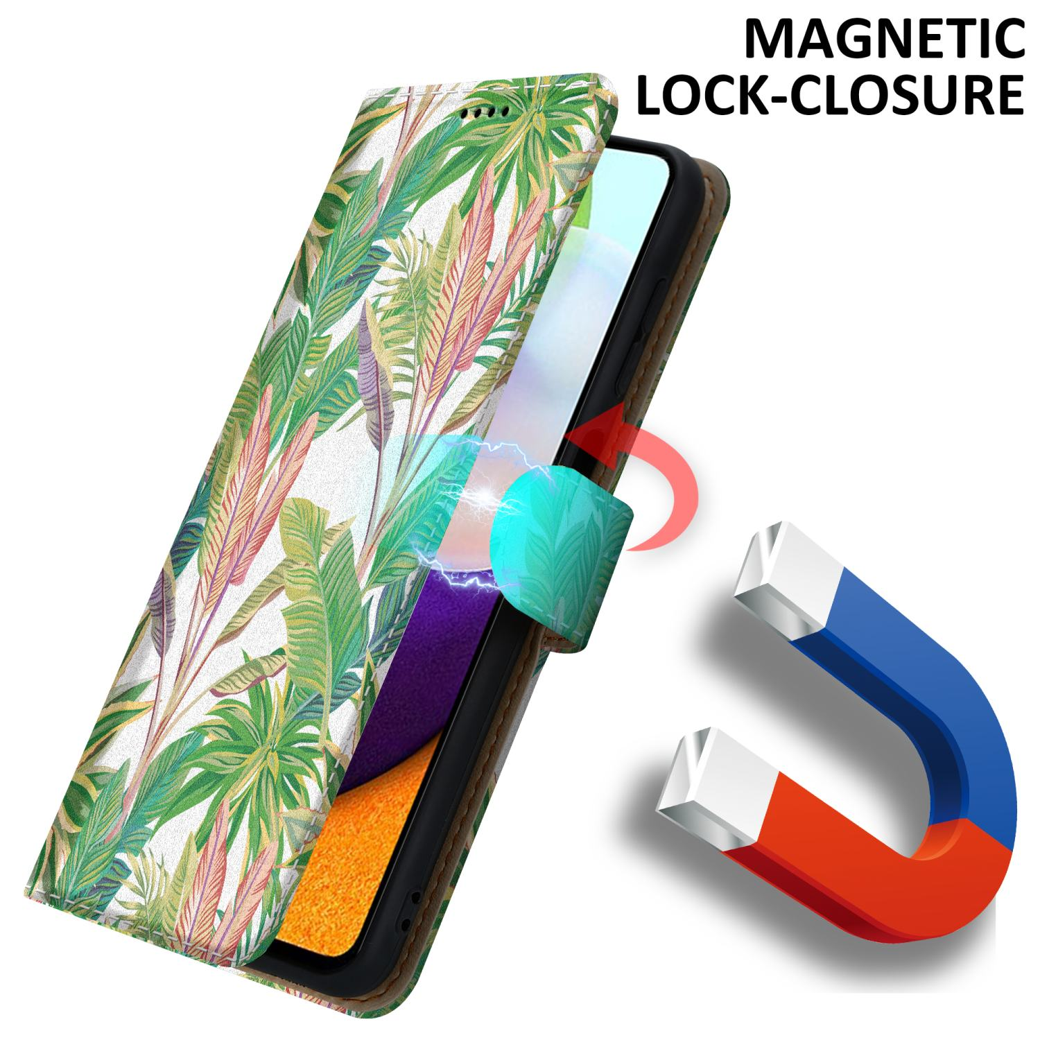 Una custodia per telefono con un design a foglie tropicali e chiusura magnetica, con un magnete.