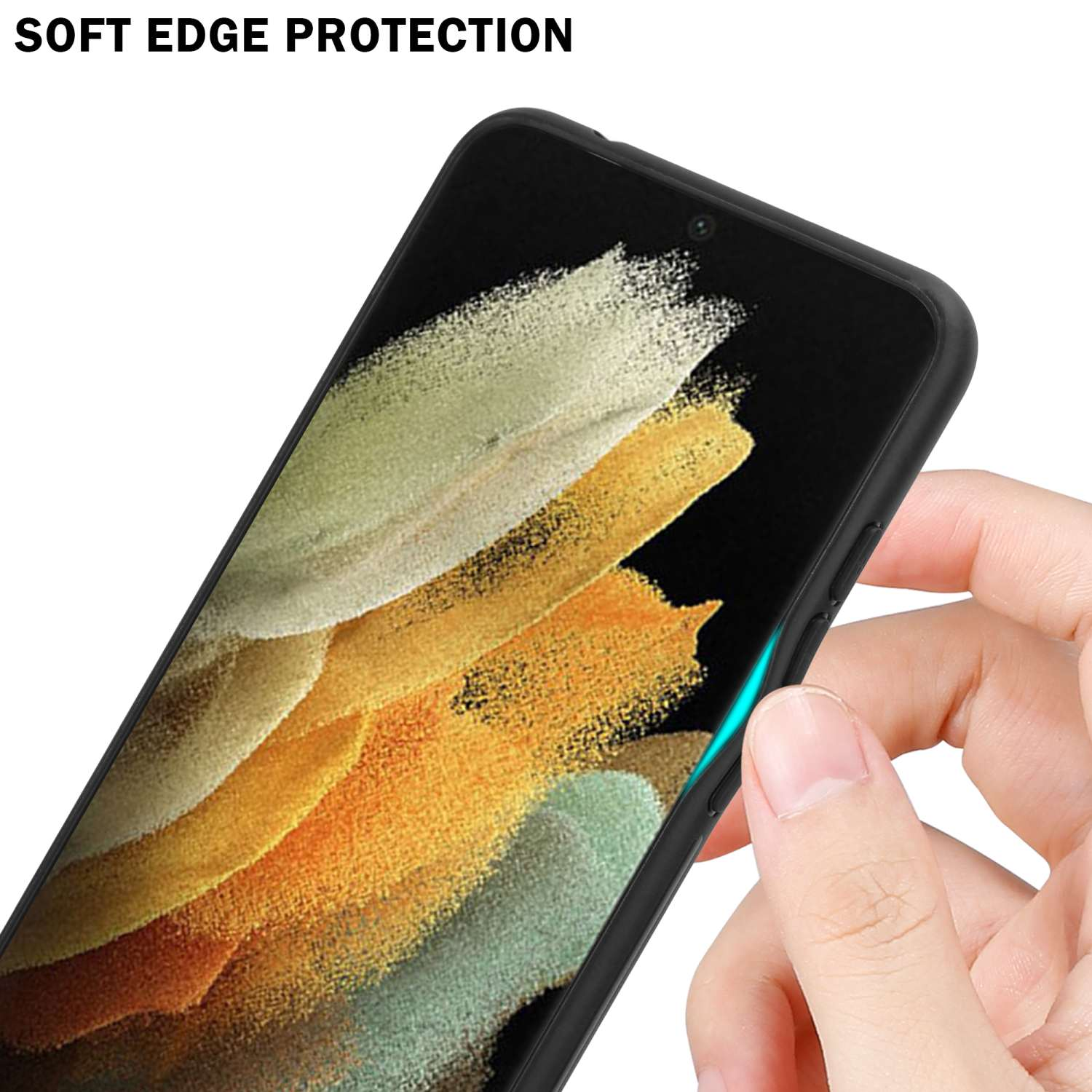 Eine Hand berührt den Rand eines Telefons in einer schwarzen Hülle. Der Rand ist hervorgehoben. Der Text lautet Soft Edge Protection.