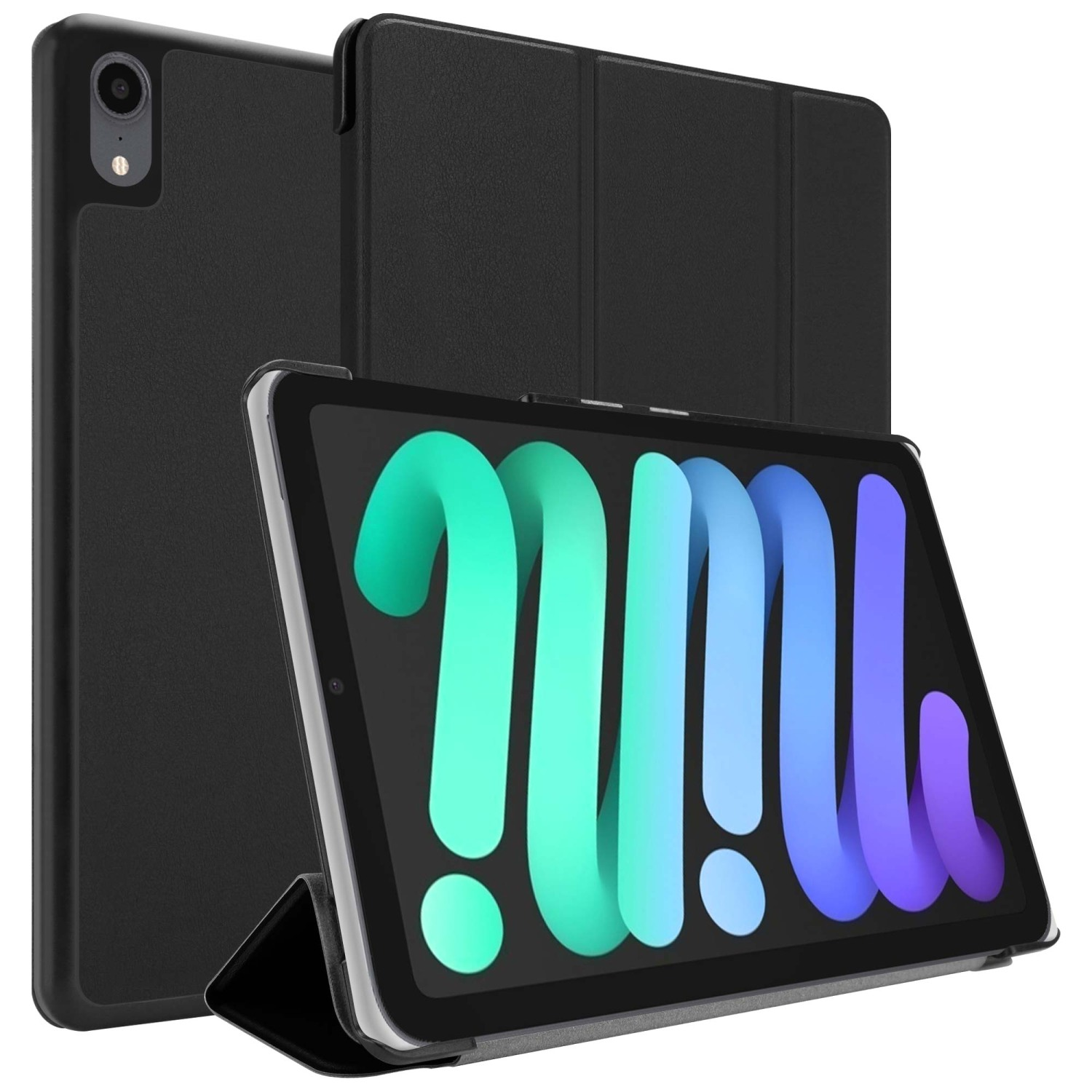 Tablet nero con custodia in posizione di supporto. Lo schermo mostra un design colorato.