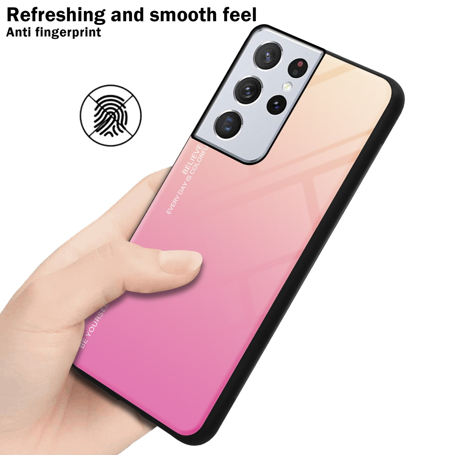 Handy-Hülle, Farbverlauf rosa zu gelb. Hand hält es. Fingerabdruck-Symbol.