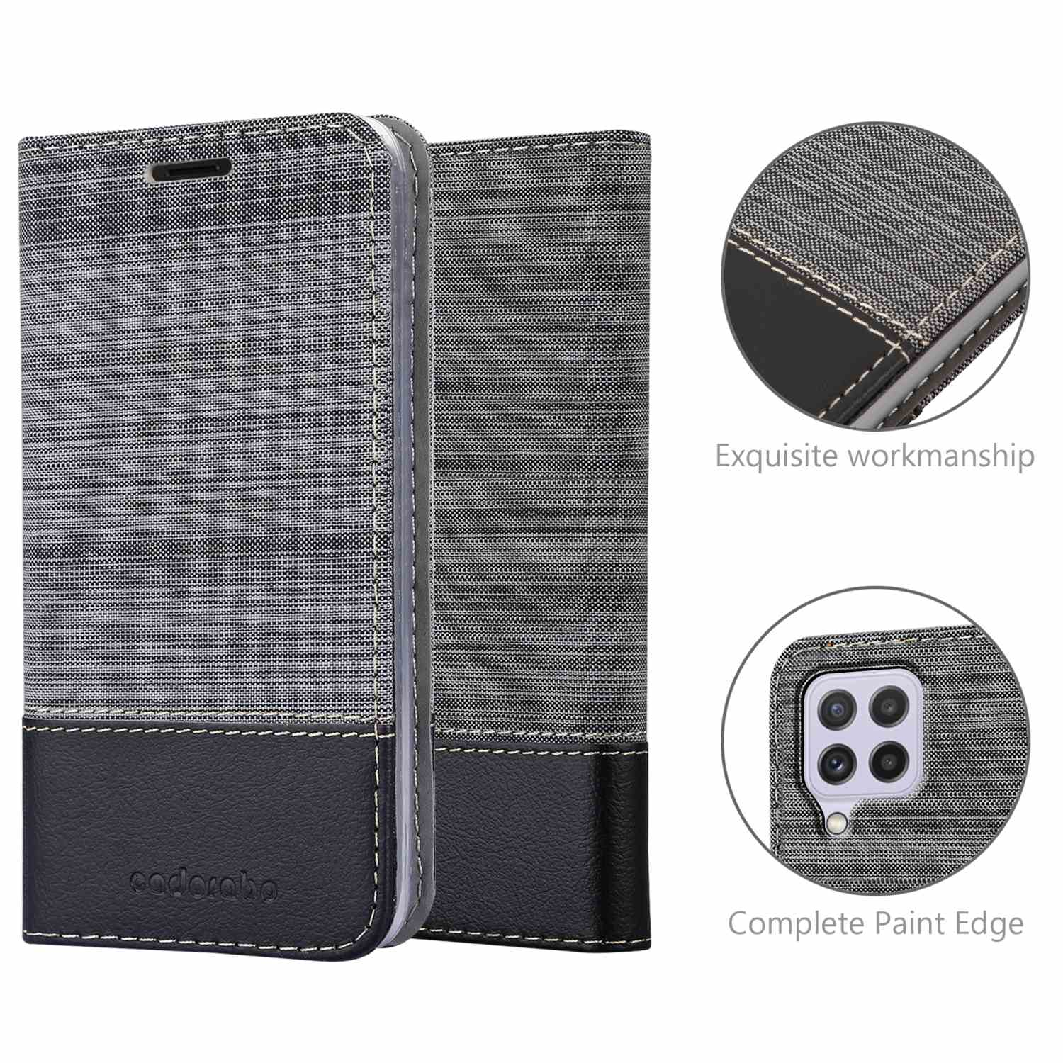 Handyhülle mit grauem Stoffdesign. Offen, um das Telefon zu zeigen. Nahaufnahme von Nähten und Kamerabereich. Exquisiter Verarbeitungstext.