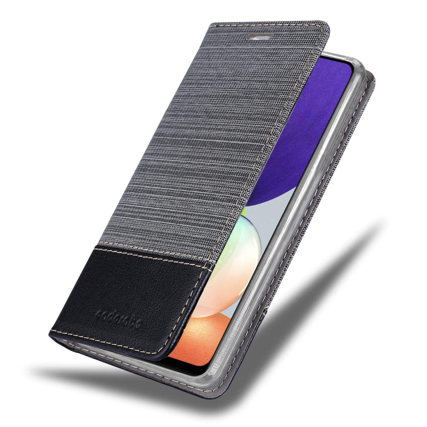 Handyhülle, schwarz und grau, geöffnet, mit sichtbarem Telefon.