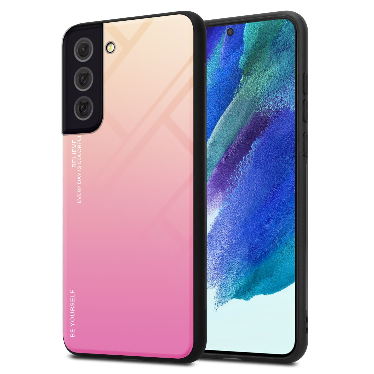 Telefon in rosa Farbverlauf-Hülle mit Text. Schwarzer Kamera-Bereich, schwarzer Bildschirm.