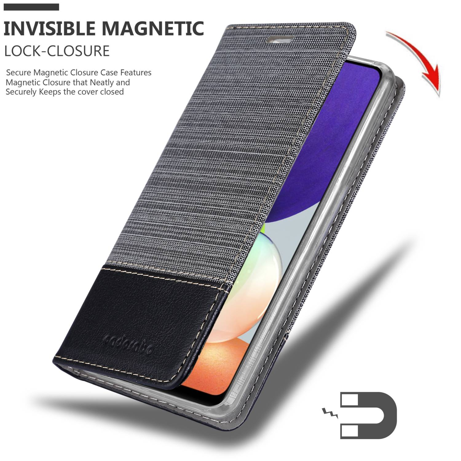 Eine graue Handyhülle mit schwarzem Leder und einem Telefon. Rechts ist ein Magnet.