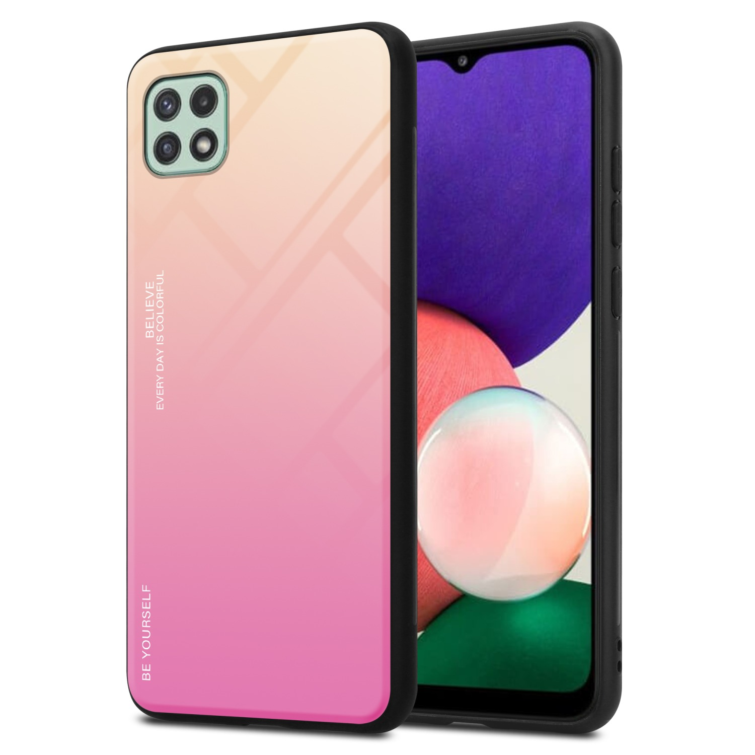 Telefono con custodia sfumata rosa-arancione. La custodia dice: Credi che ogni giorno sia colorato. Sii te stesso.