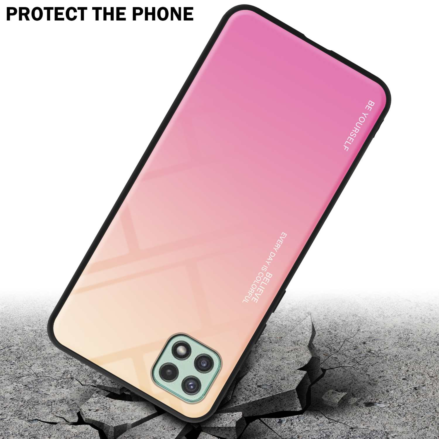 Una custodia per telefono con sfumatura rosa e gialla, cornice nera e pavimento crepato.
