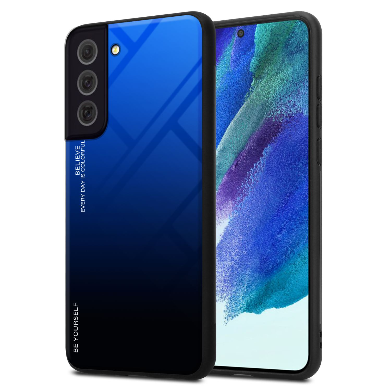 Verlaufende Handyhülle auf dem Telefon, mit blauen und schwarzen Farben. Weißer Hintergrund.