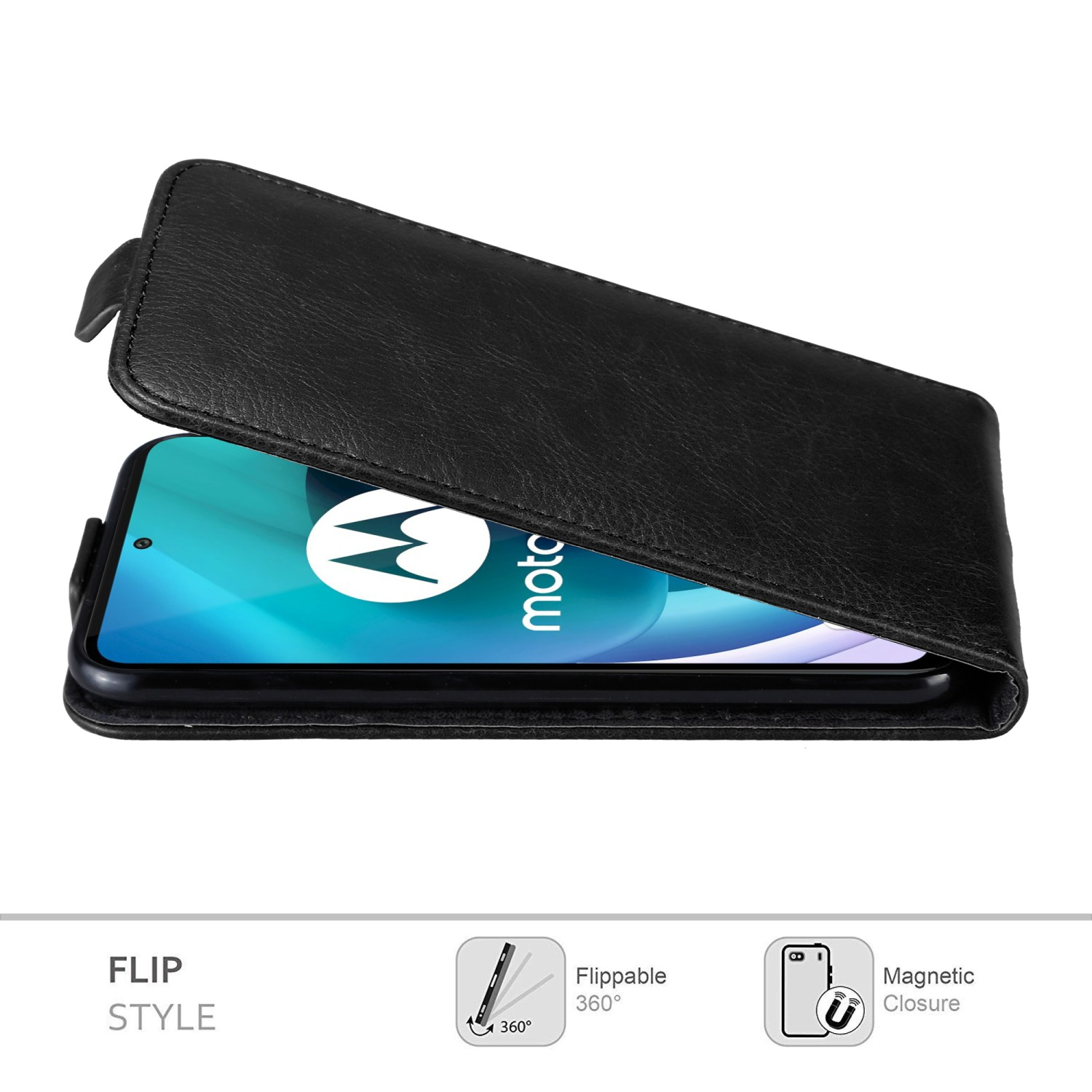 Custodia per telefono nera aperta con un telefono all'interno. Sfondo bianco.