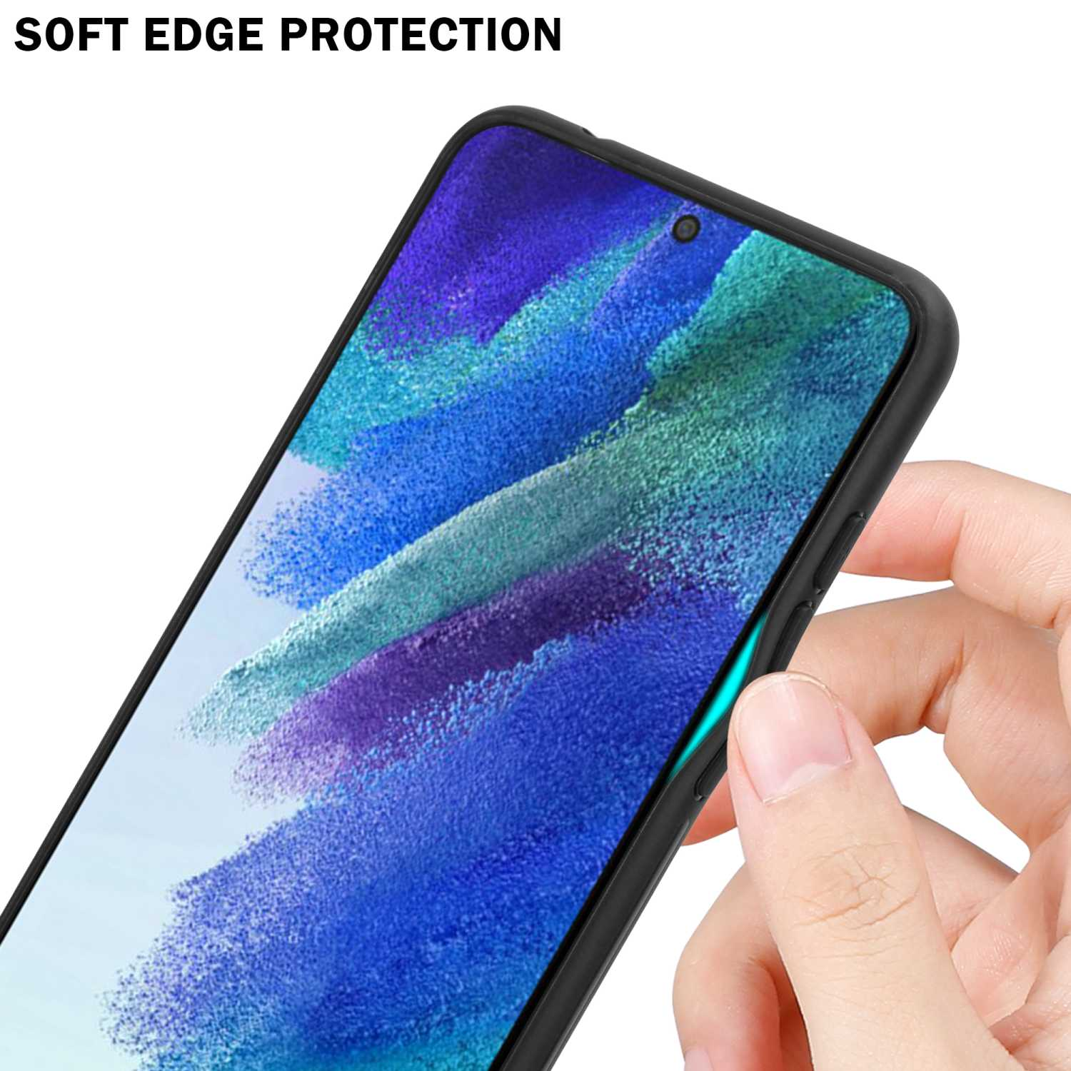 Hand hält ein Telefon. Das Telefon hat eine schwarze Hülle und der Rand wird berührt.