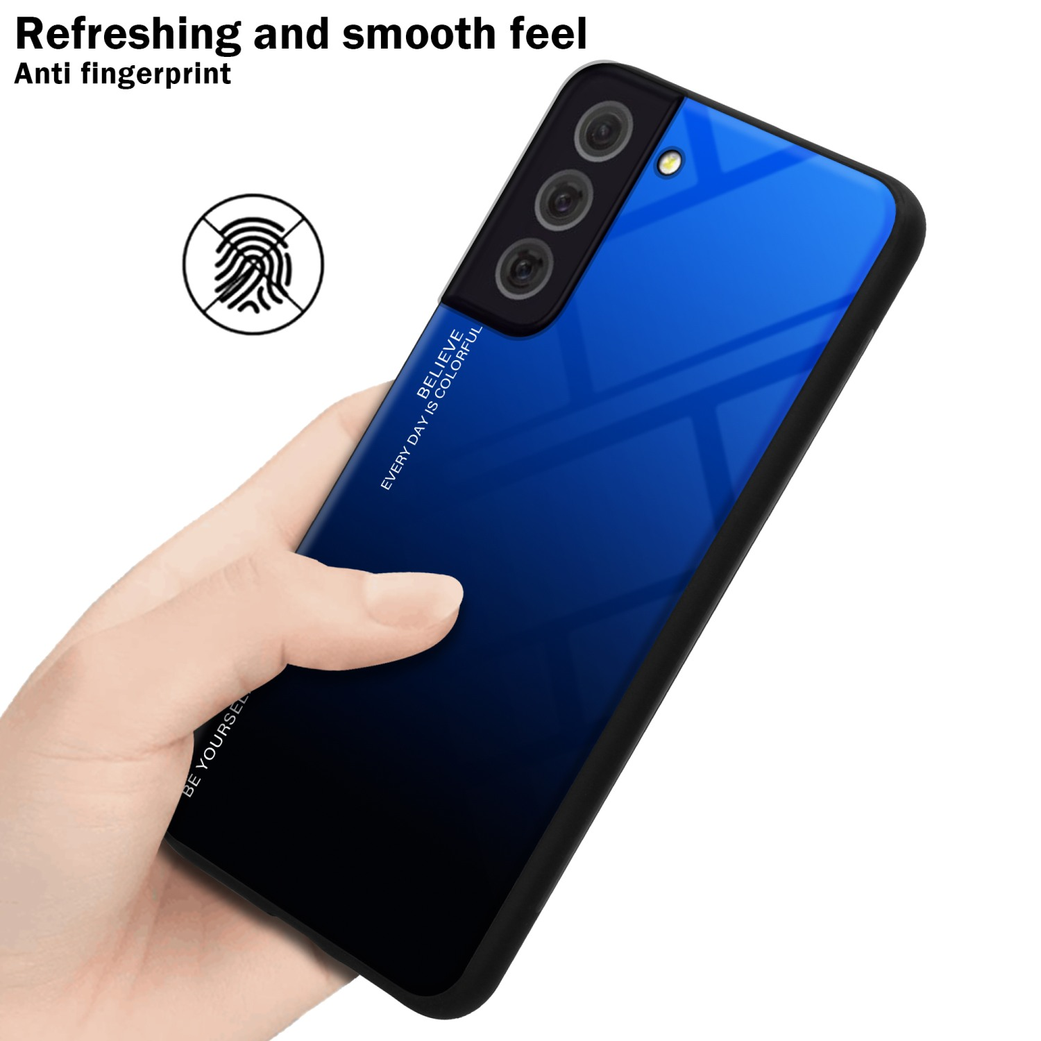 Eine Hand hält ein Telefon mit blauem Farbverlauf. Fingerabdrucksymbol.