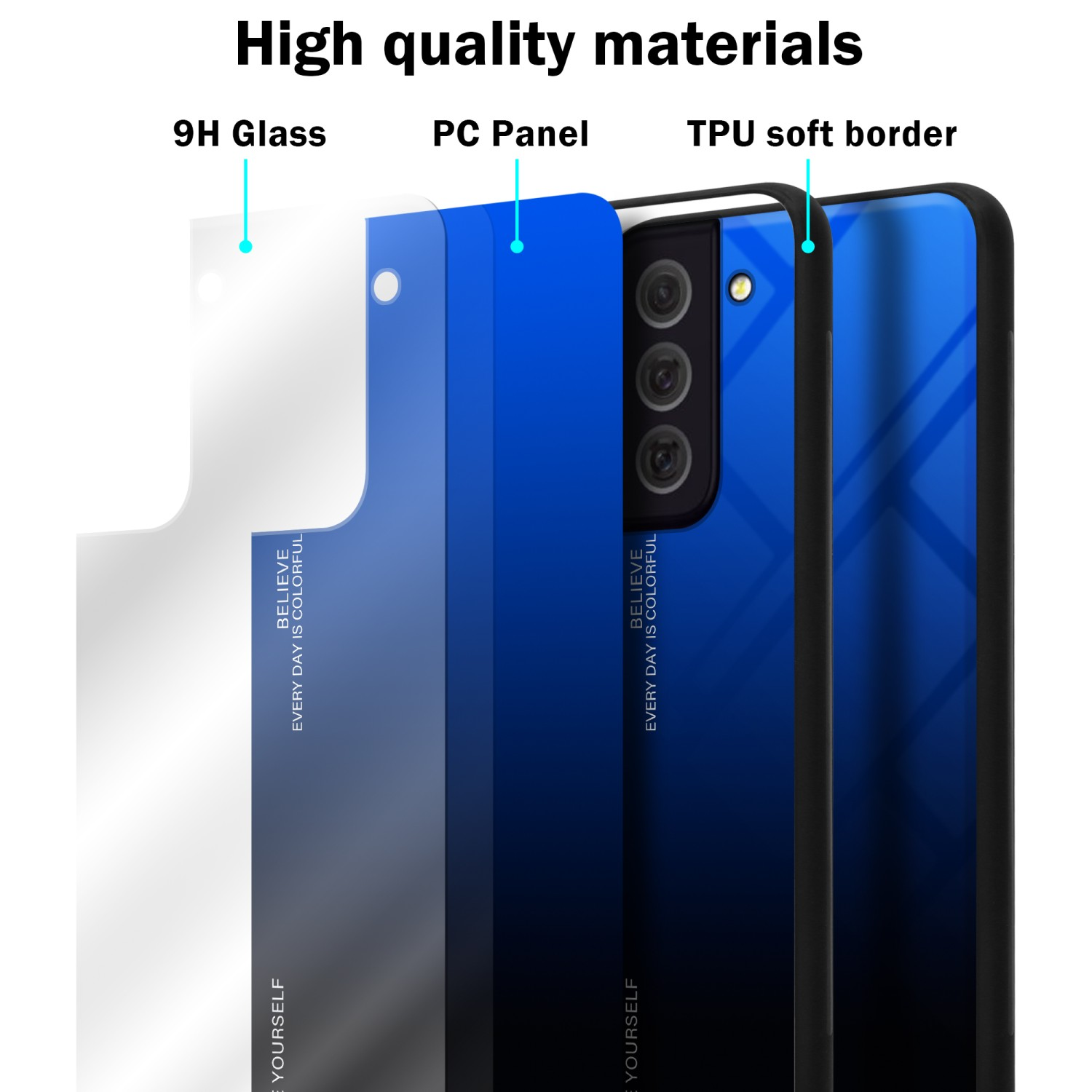 Handyhüllen-Schichten: 9H Glas, PC-Panel und TPU-Weichrand. Die Handyhülle hat eine blaue Farbverlauf.