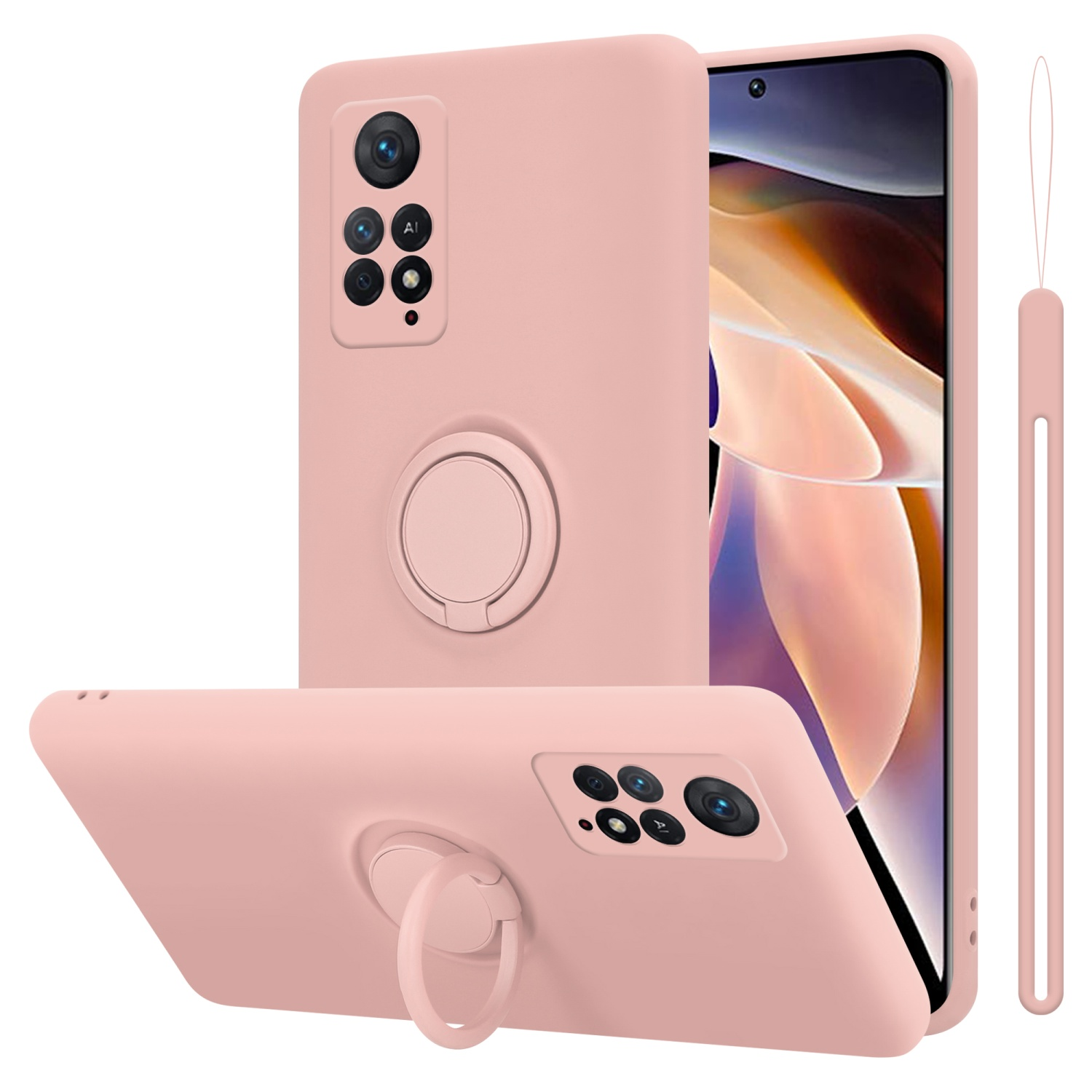 Custodia rosa con anello e fotocamere. Custodia aggiuntiva visibile. Sfondo bianco.