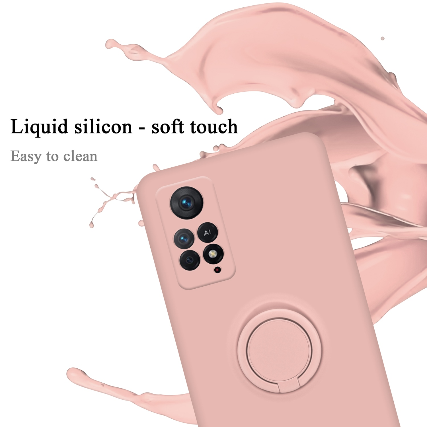 Custodia per telefono rosa con un anello sul retro e uno schizzo di liquido rosa. Il testo dice silicone liquido - tocco morbido.