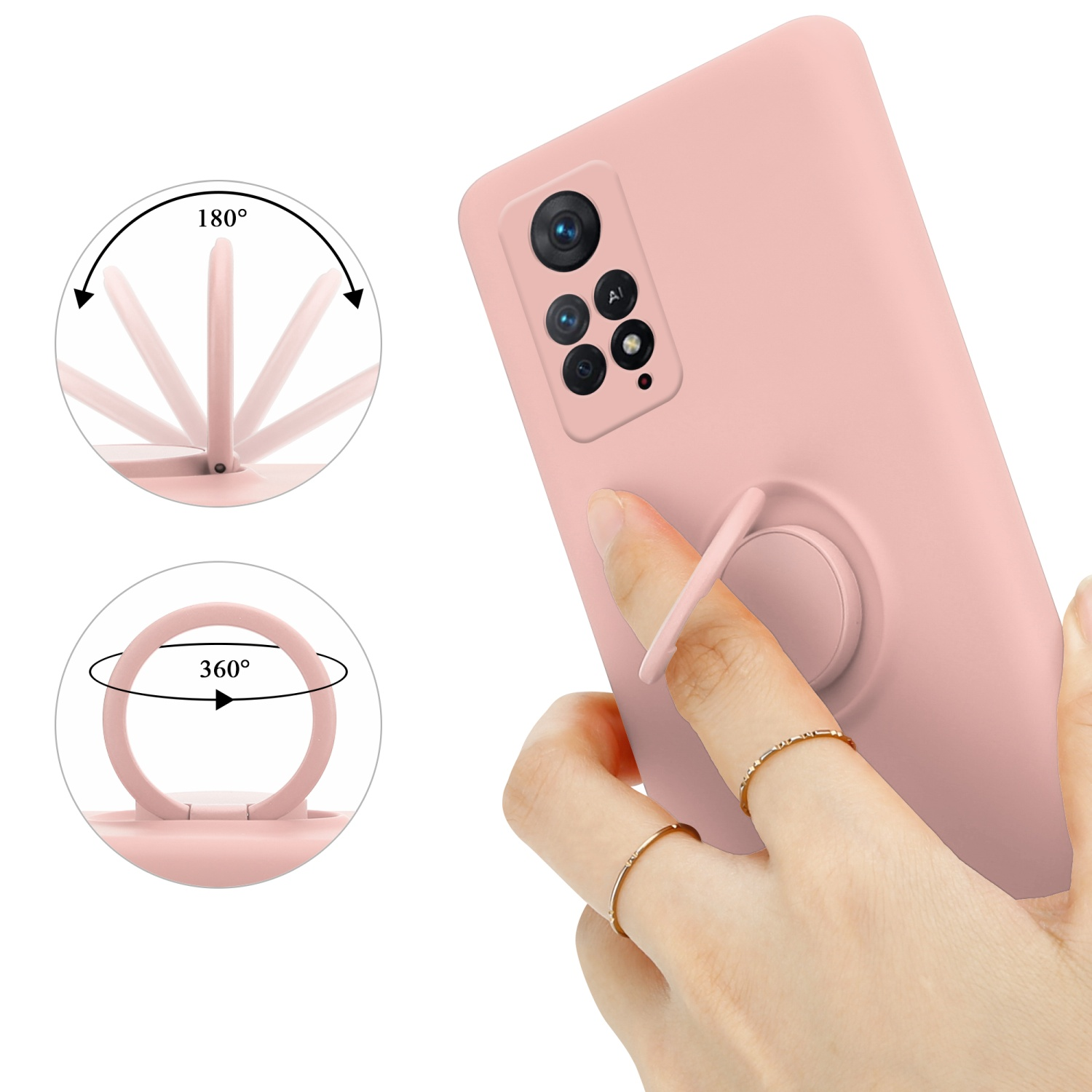 Una custodia rosa con anello è tenuta in mano con anelli. I diagrammi mostrano il movimento dell'anello.
