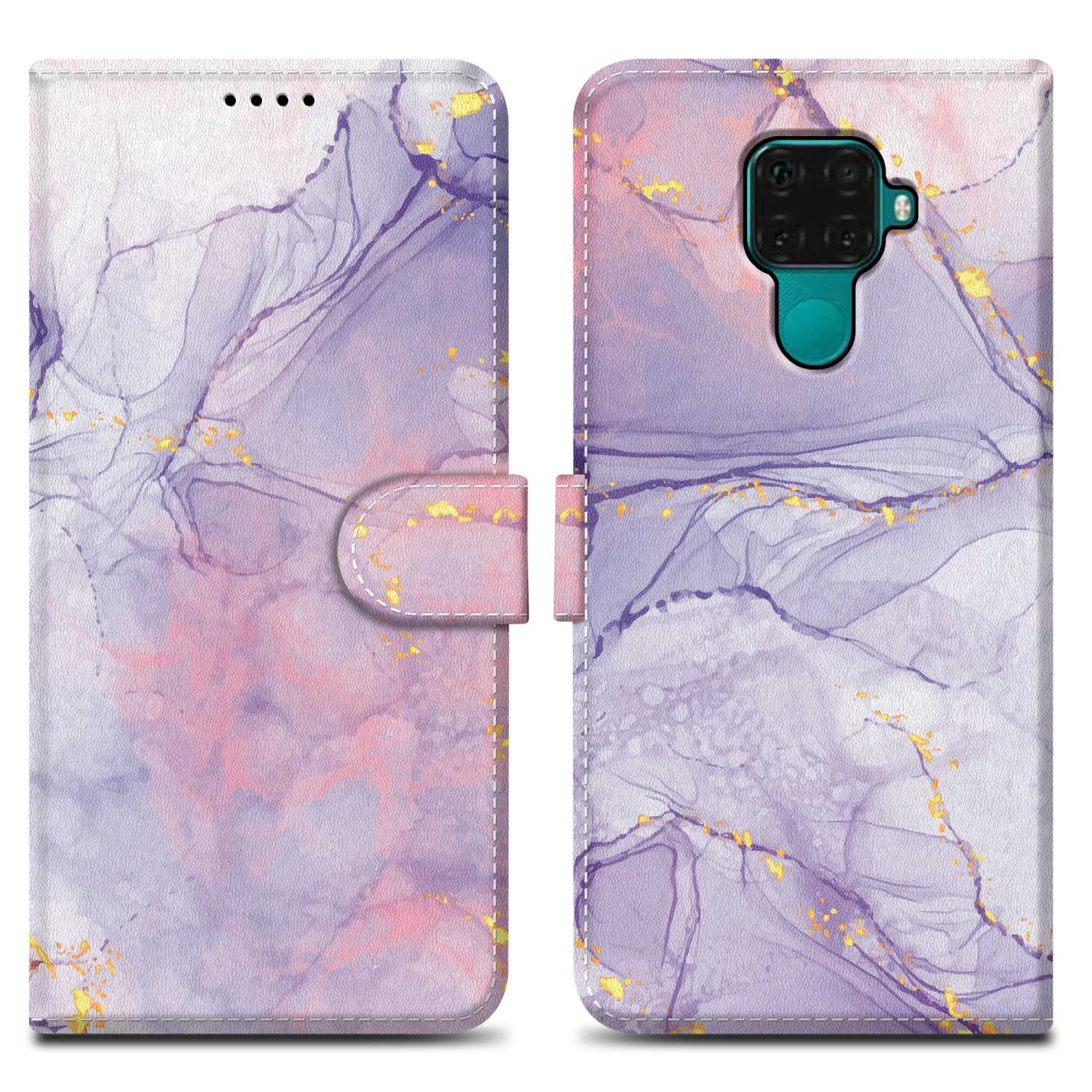 Una custodia per telefono, aperta, che mostra un telefono. Design in marmo viola e rosa con accenti dorati. Si chiude con una linguetta magnetica.