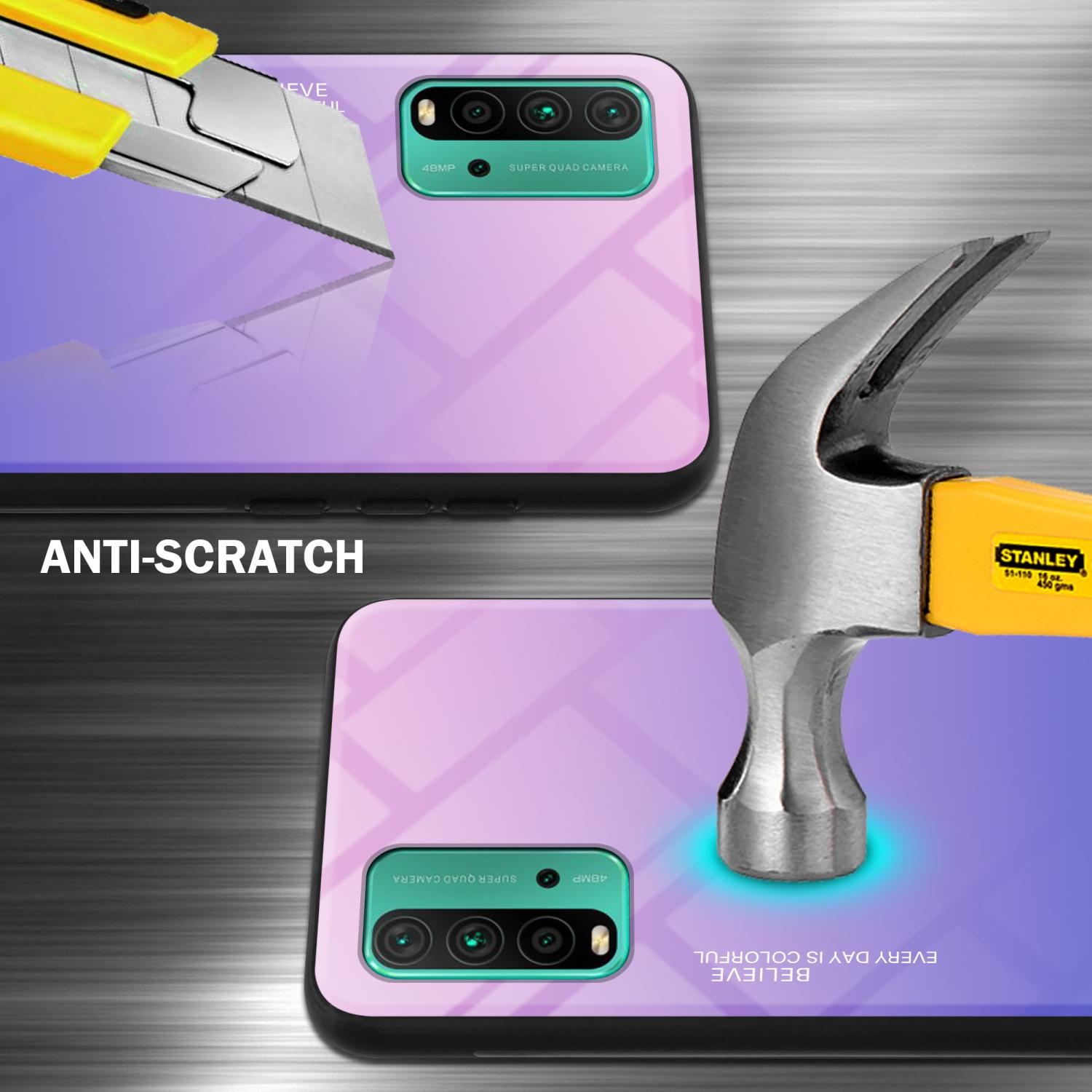 Zwei Handyhüllen werden mit einem Hammer und einem Cutter getestet, mit Anti-Kratz-Informationen.