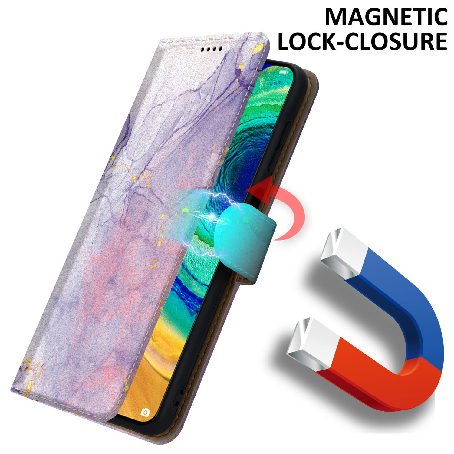 Custodia per telefono con coperchio aperto, chiusura magnetica e design marmorizzato. Un magnete mostra la chiusura.