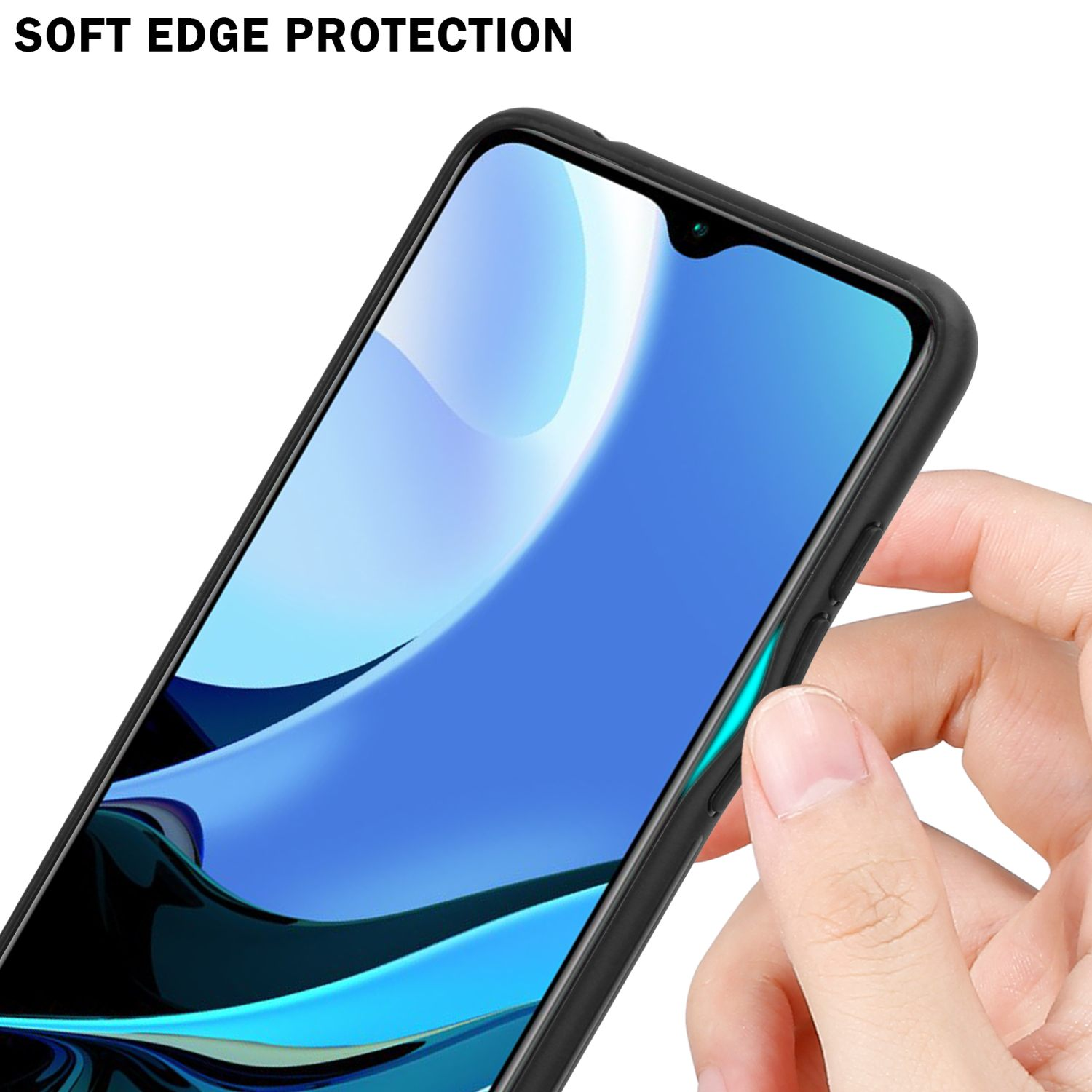 Handyhülle, Telefon im Inneren. Weichkantenschutz-Text. Hand, die das Telefon hält. Blaue Details am Rand des Telefons.