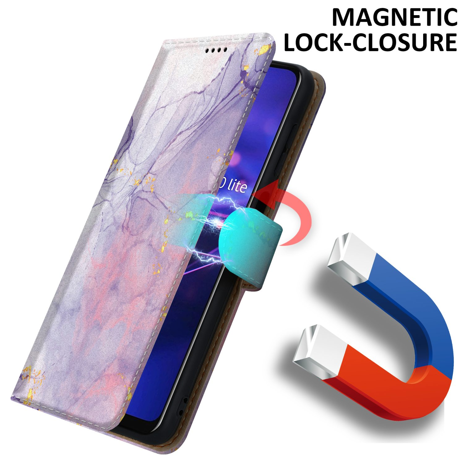 Un telefono in una custodia con chiusura magnetica. Un magnete attrae il magnete della custodia.
