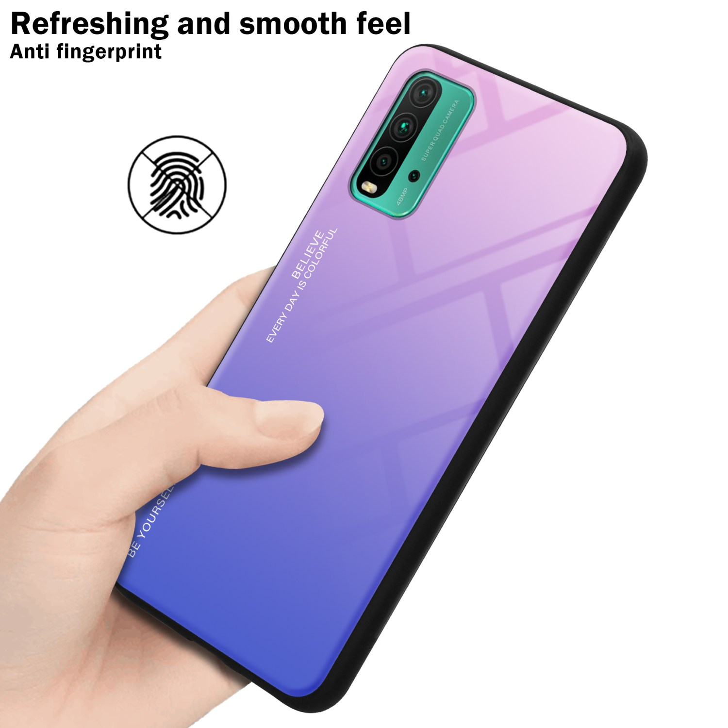 Hand, die ein Telefon mit einem Farbverlauf von Lila nach Blau hält. Text: Erfrischendes und geschmeidiges Gefühl.