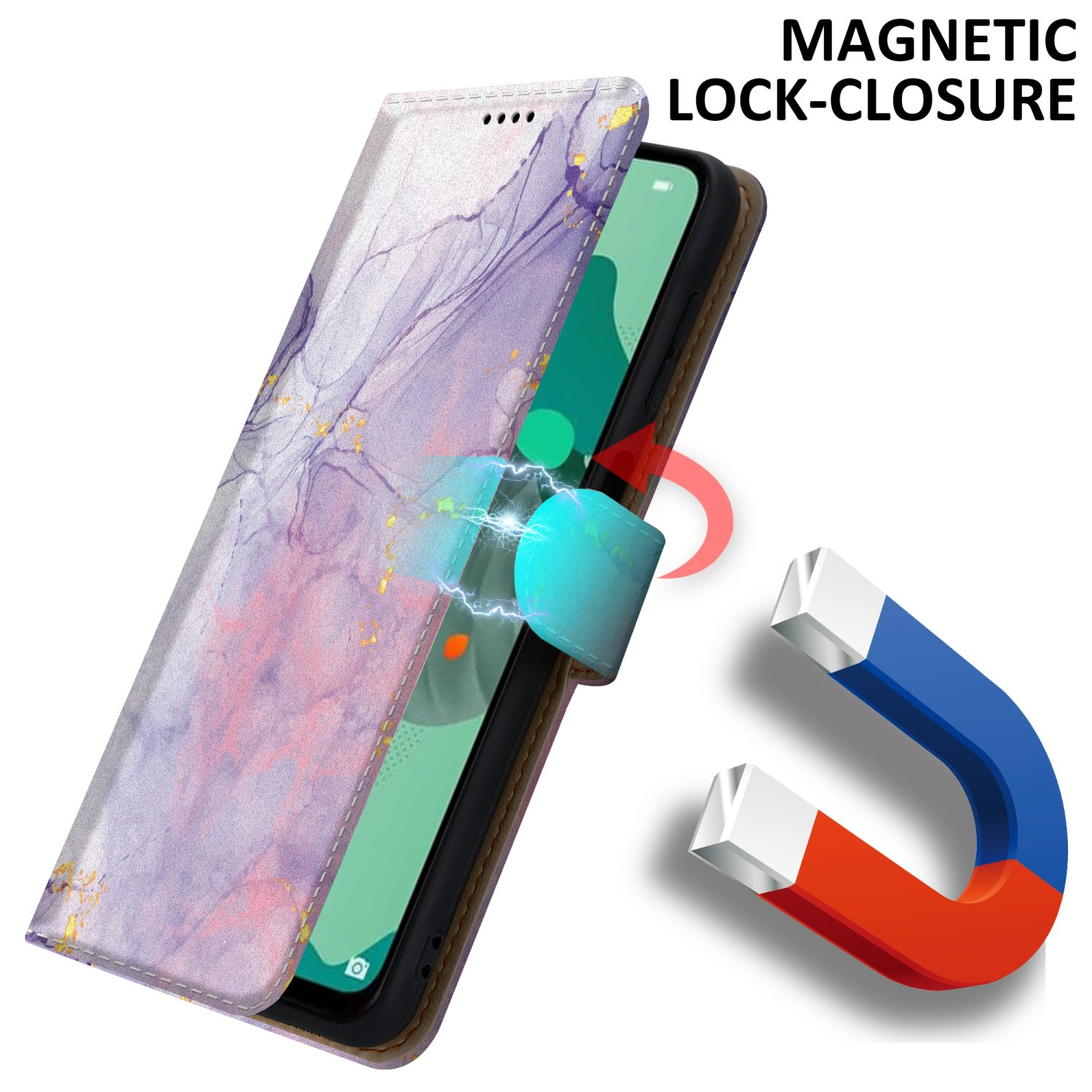 Un telefono in una custodia viola e bianca, tenuto aperto da una chiusura magnetica. Il testo dice 'Magnetic Lock-Closure'.
