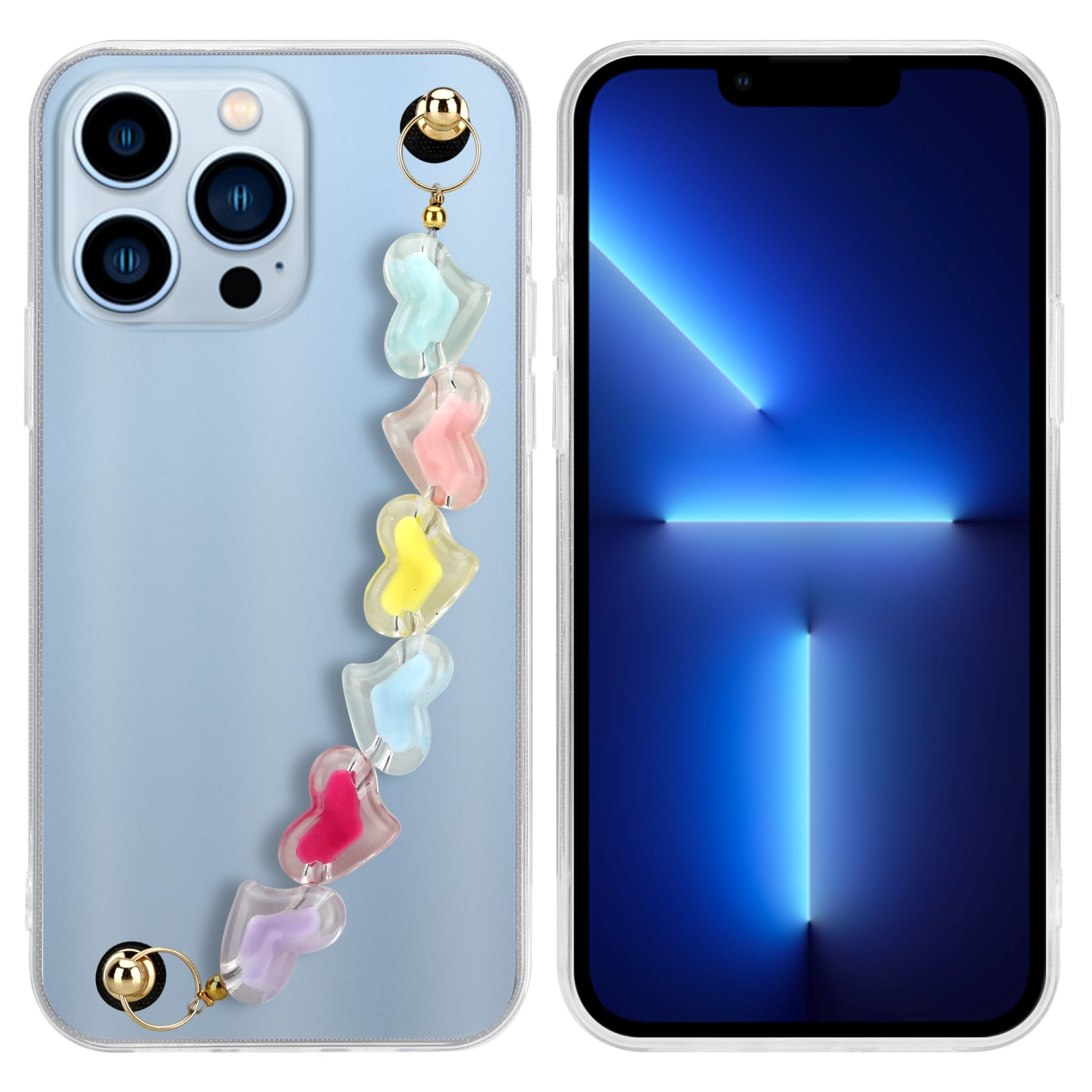 Telefon mit buntem Anhänger. Der Anhänger hat Herzformen. Telefon ist blau. Die Handyhülle ist transparent.