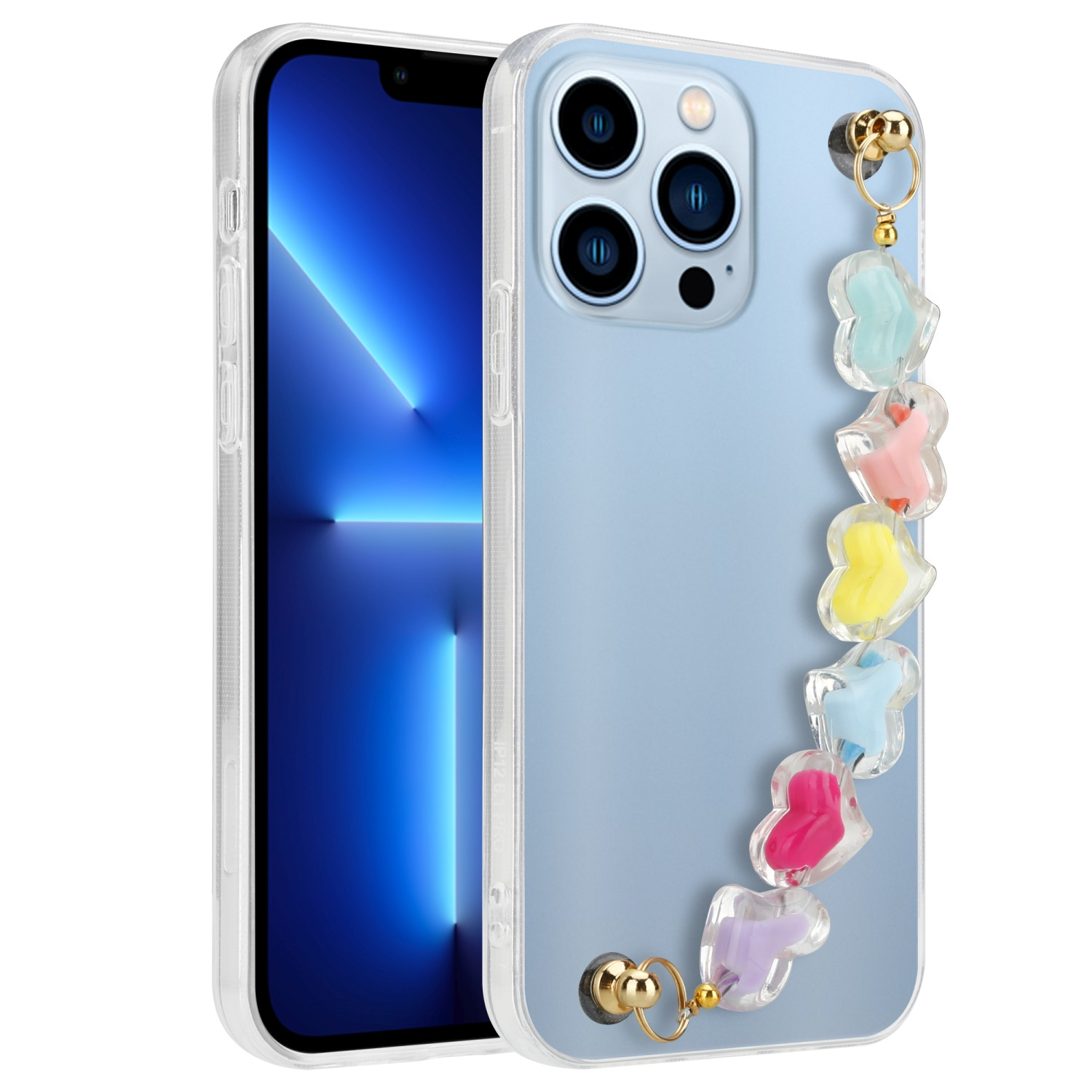 Ein Telefon mit einer transparenten Hülle und einem bunten Anhänger. Das Telefon zeigt einen blauen Bildschirm. Die Hülle hat einen goldenen Anhänger.