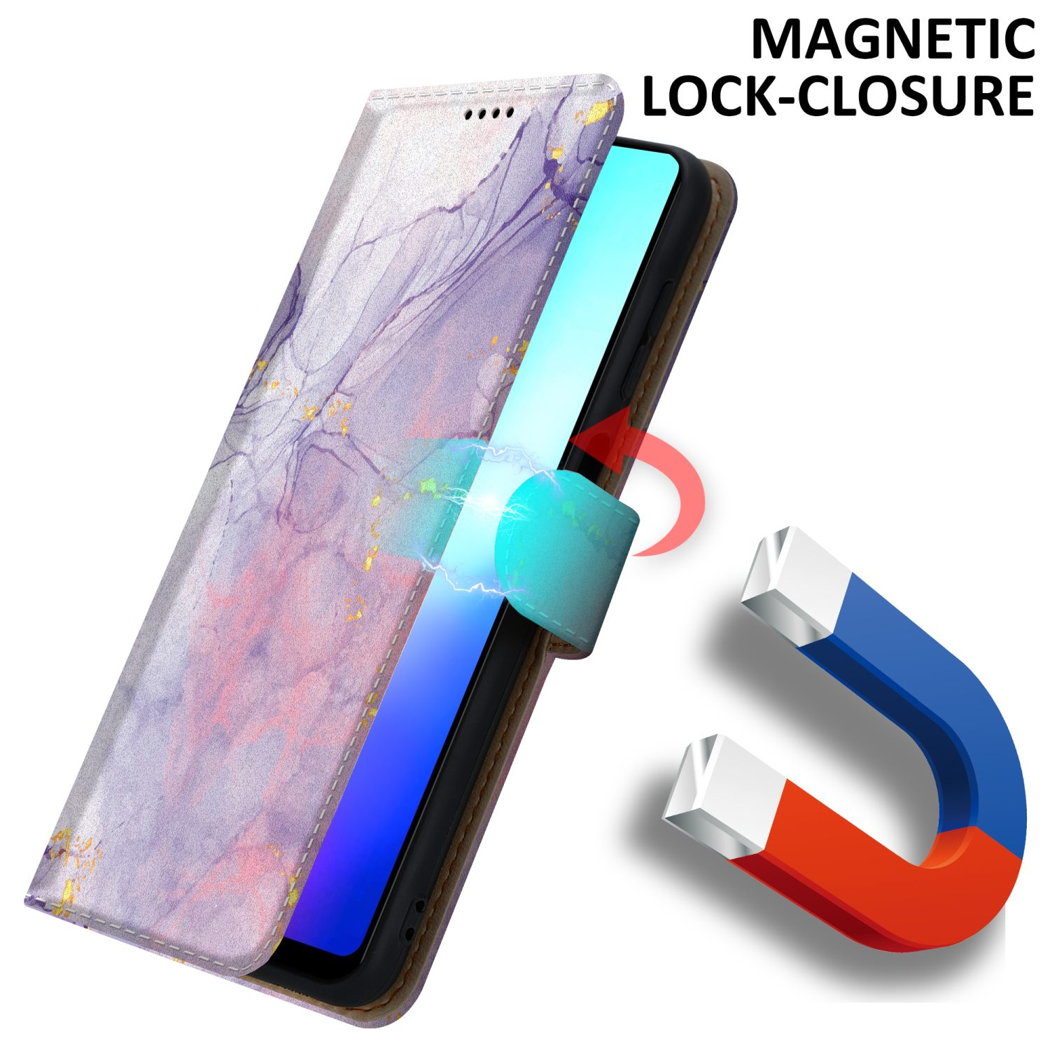 Una custodia per telefono, aperta con chiusura magnetica, con un telefono all'interno. Un magnete è mostrato nelle vicinanze.