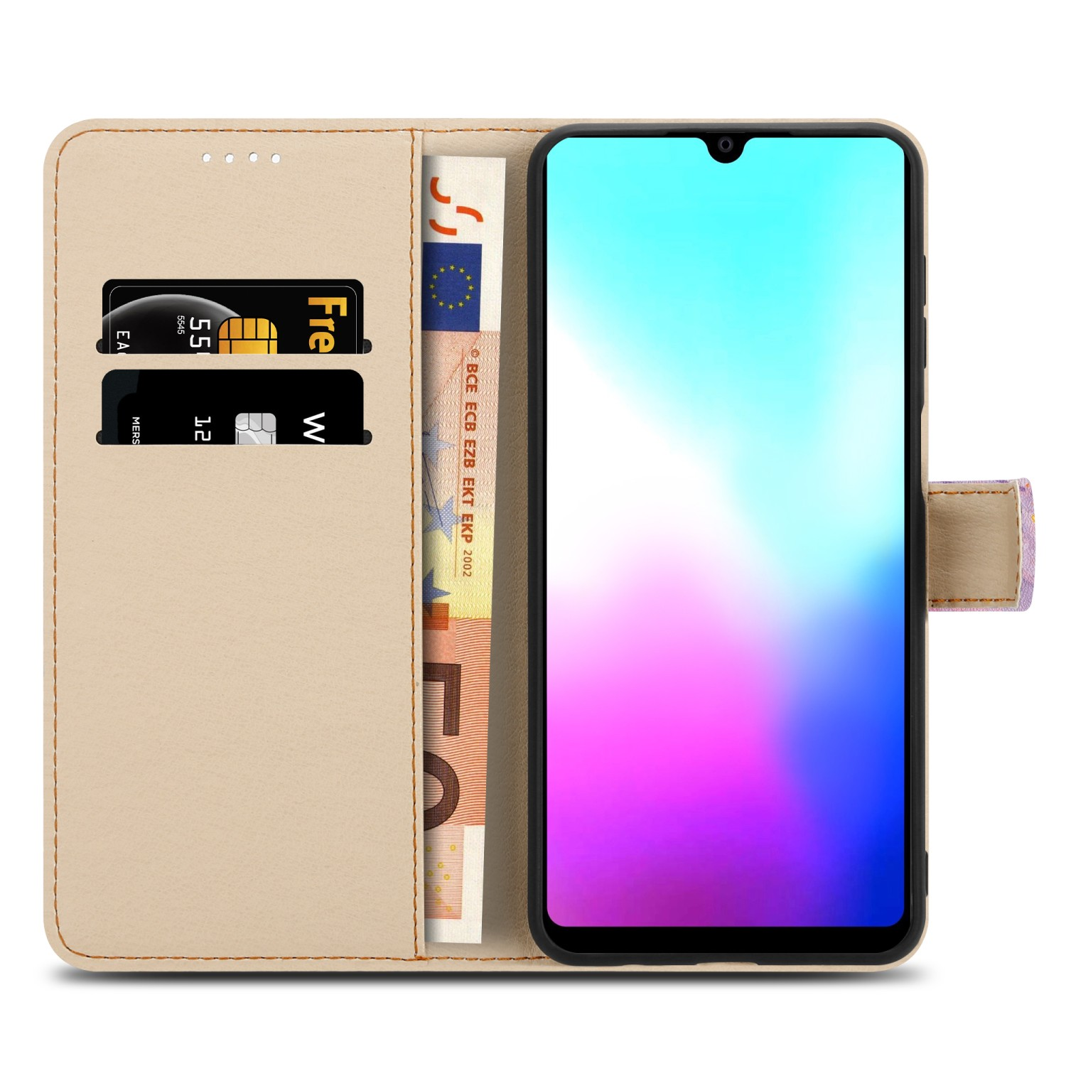 Custodia per telefono con carte e contanti all'interno e un telefono sul lato destro.